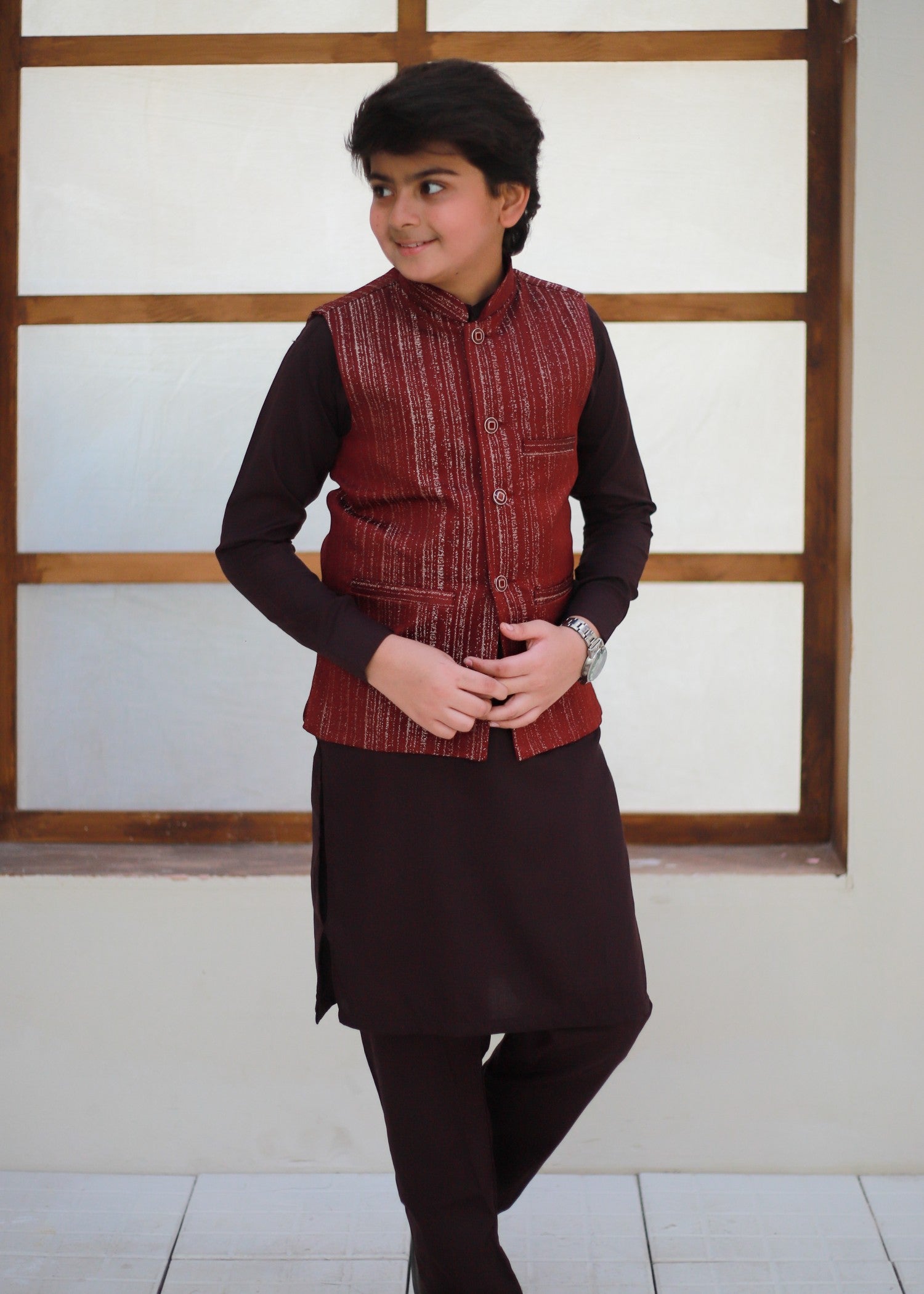 jamawar Waistcoat in Rose red