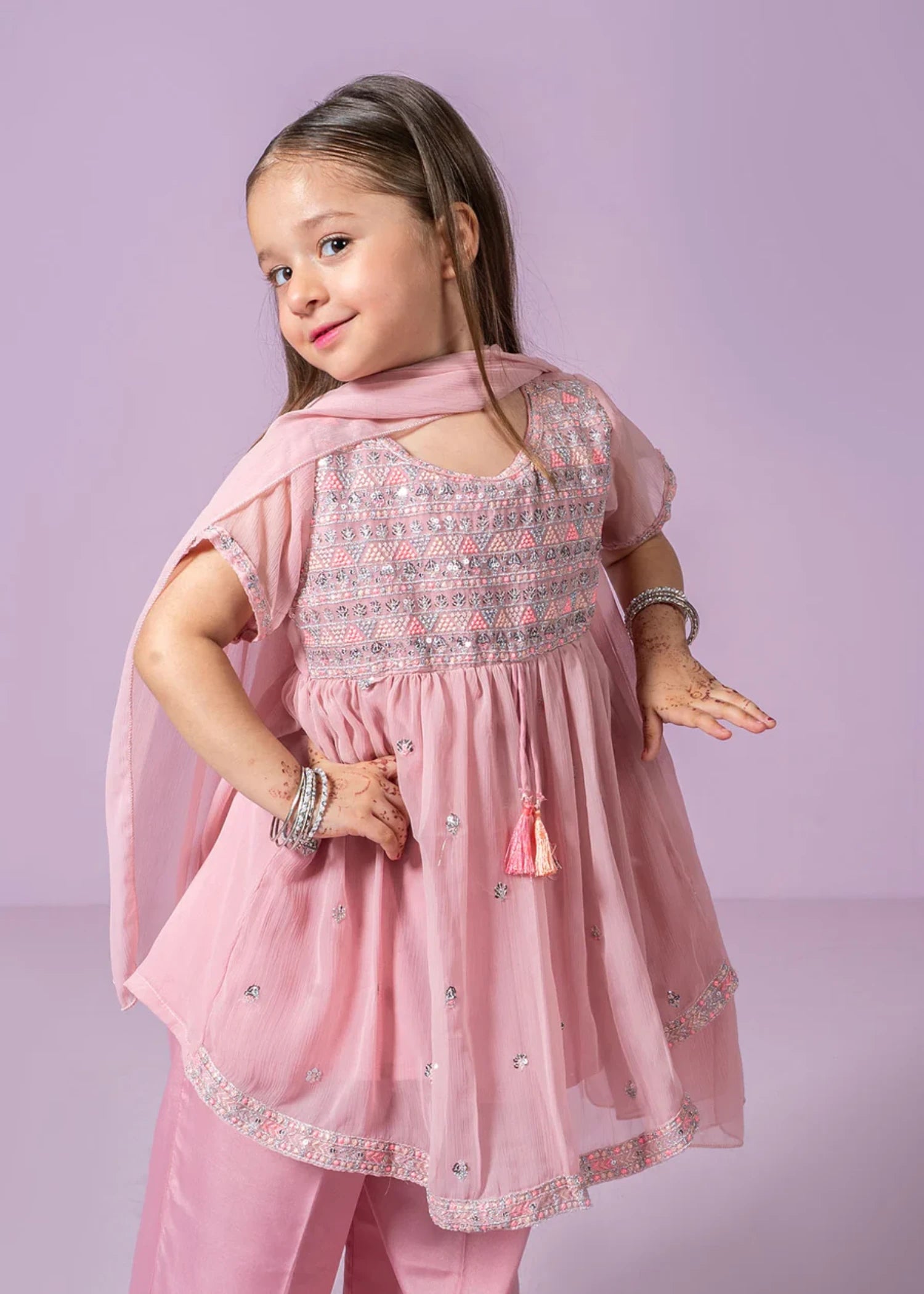 chiffon Short Frock in Peach pink