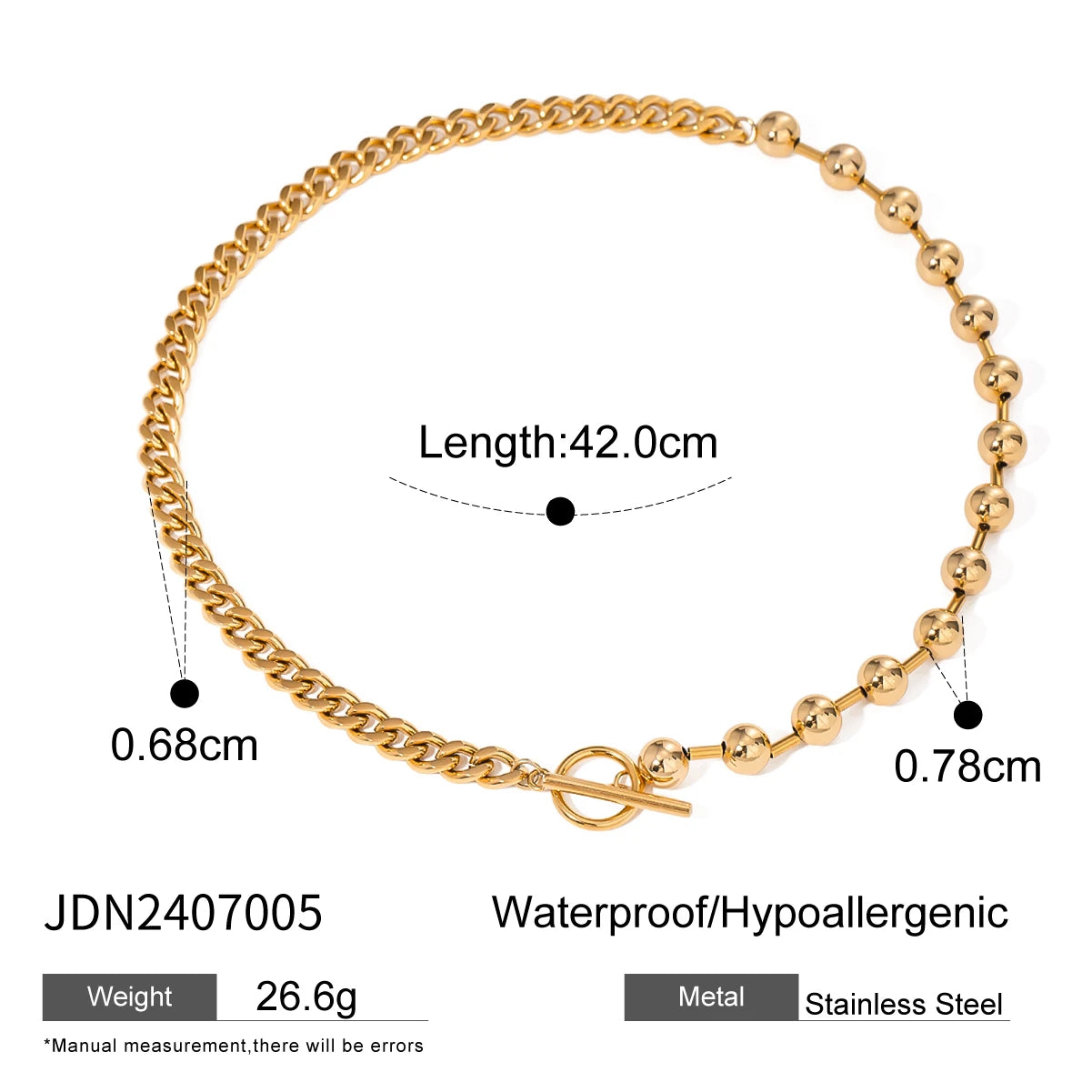 Stainless Steel Mixed Bead and Smooth Chain Necklace