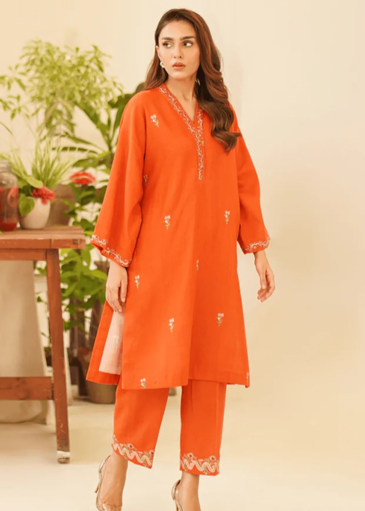 khaddar Kurta Set in Pumpkin orange