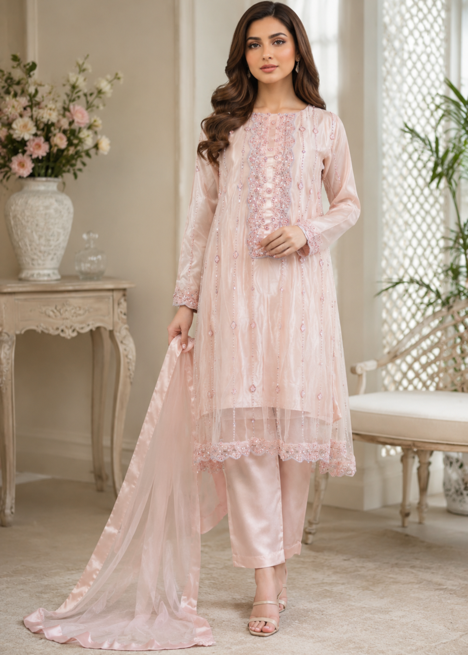 net Pishwas in Peach pink