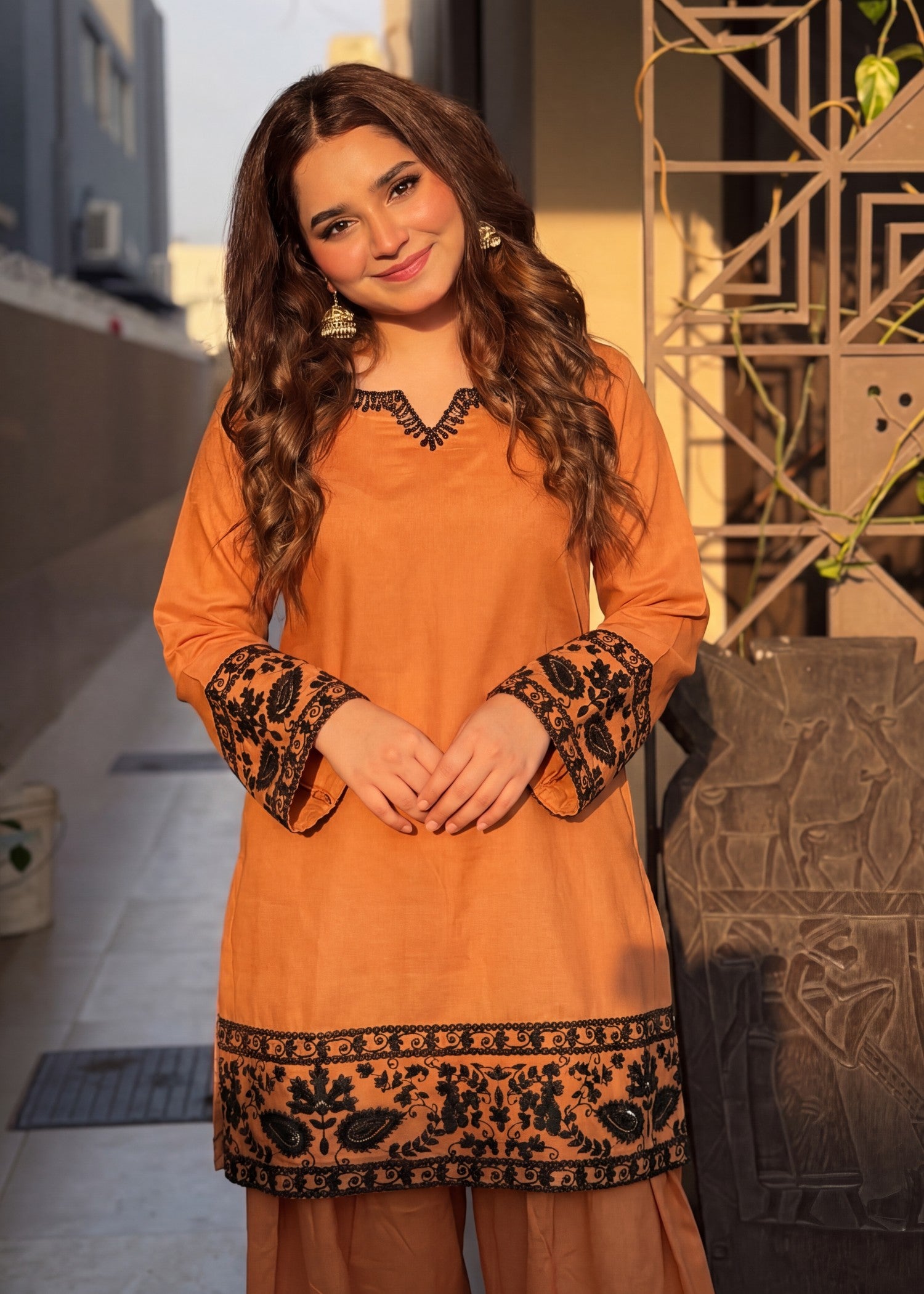 lawn Kurta Set in Sunrise orange