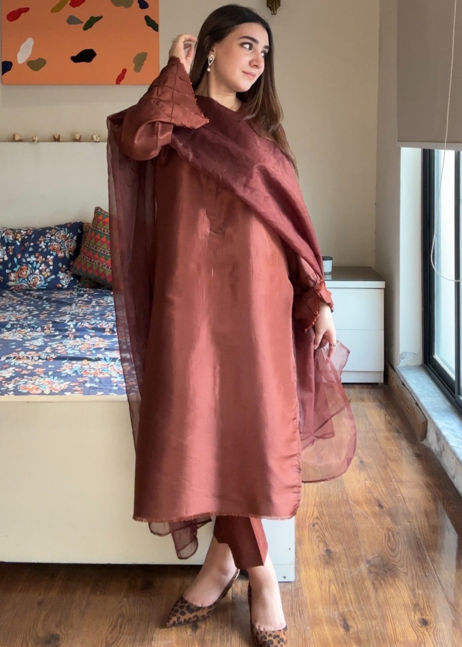 kattan silk Kurta Set in Chocolate brown