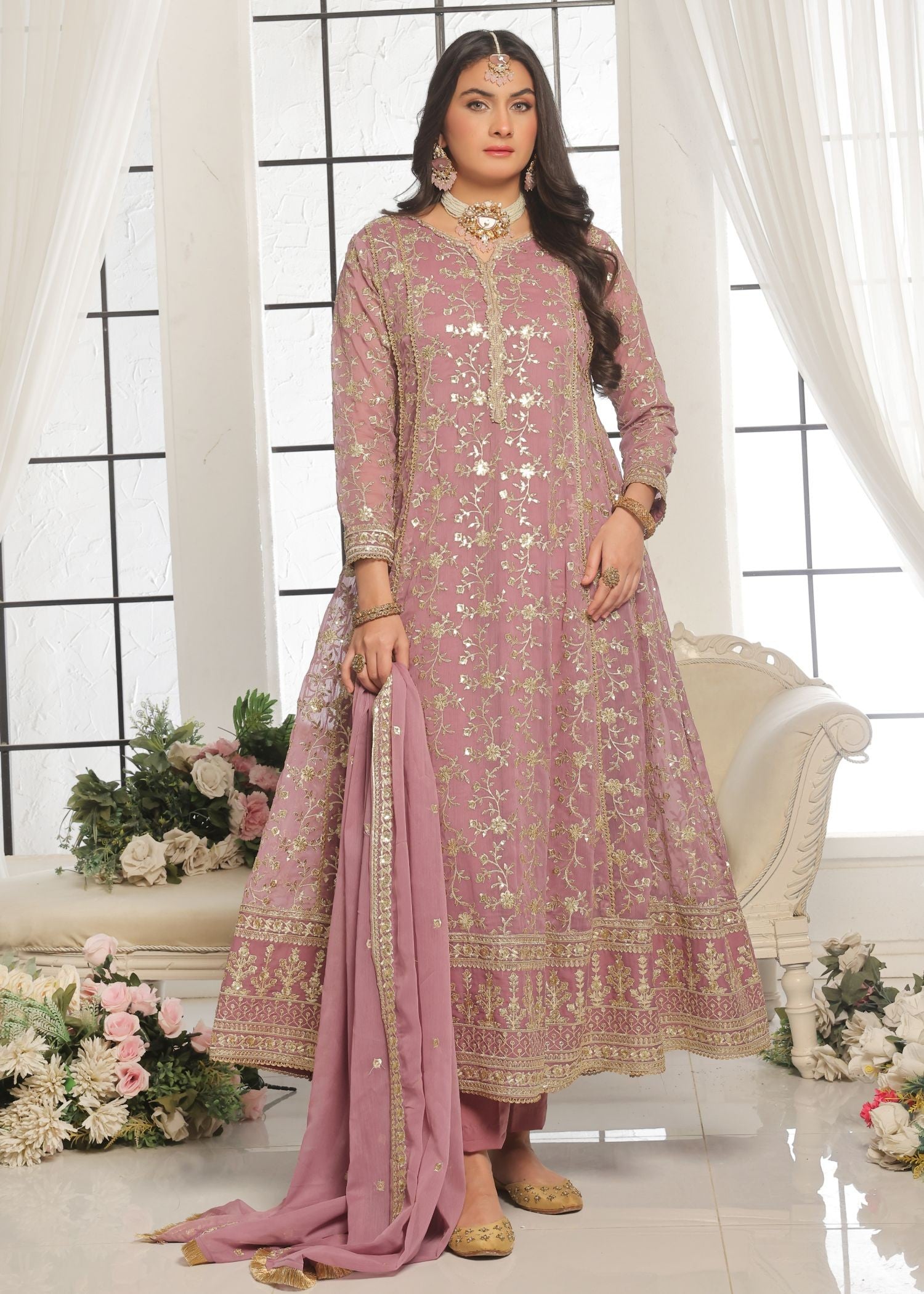 chiffon Pishwas in Mauve pink