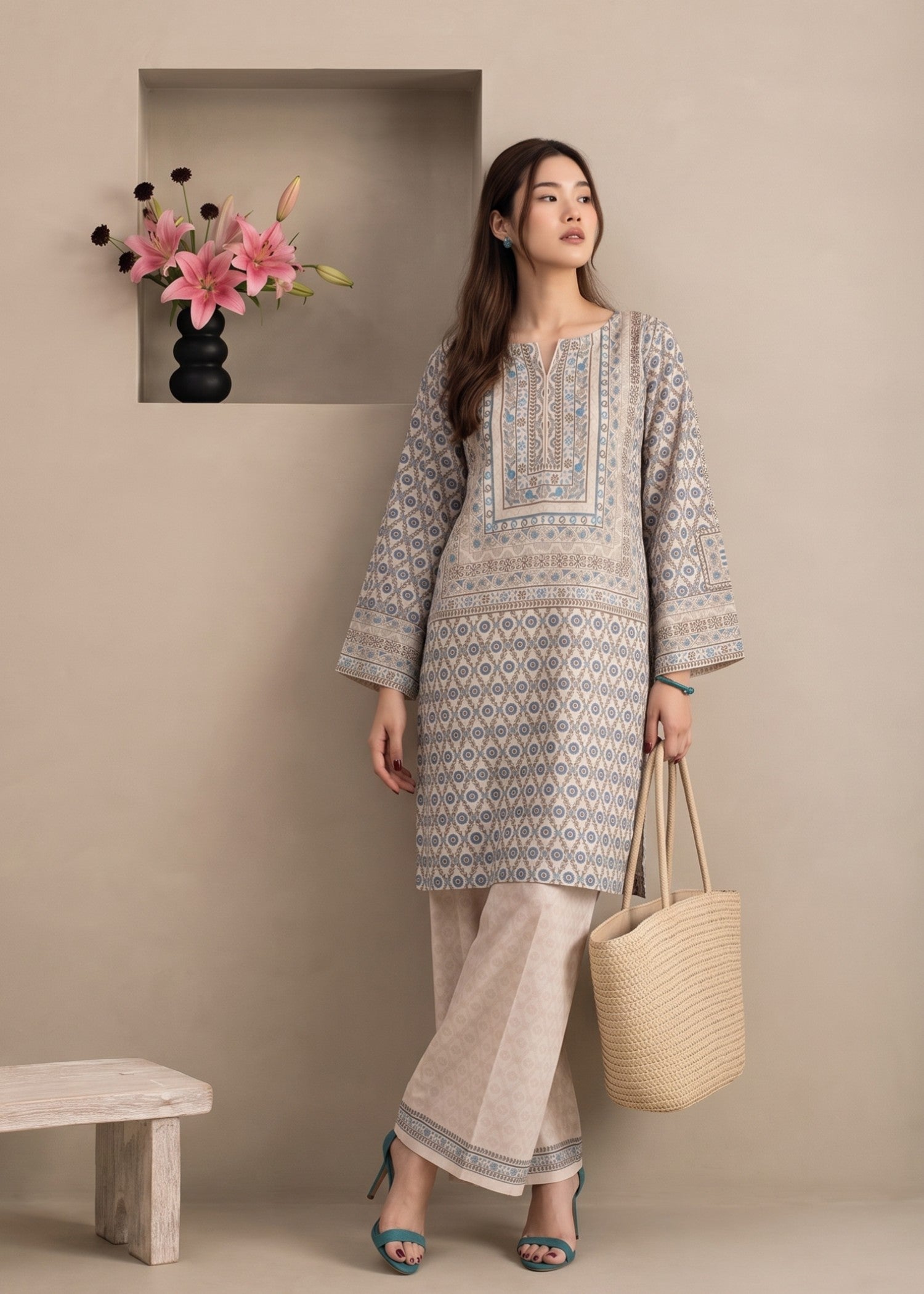 polyester crepe Kurta Set in Beige