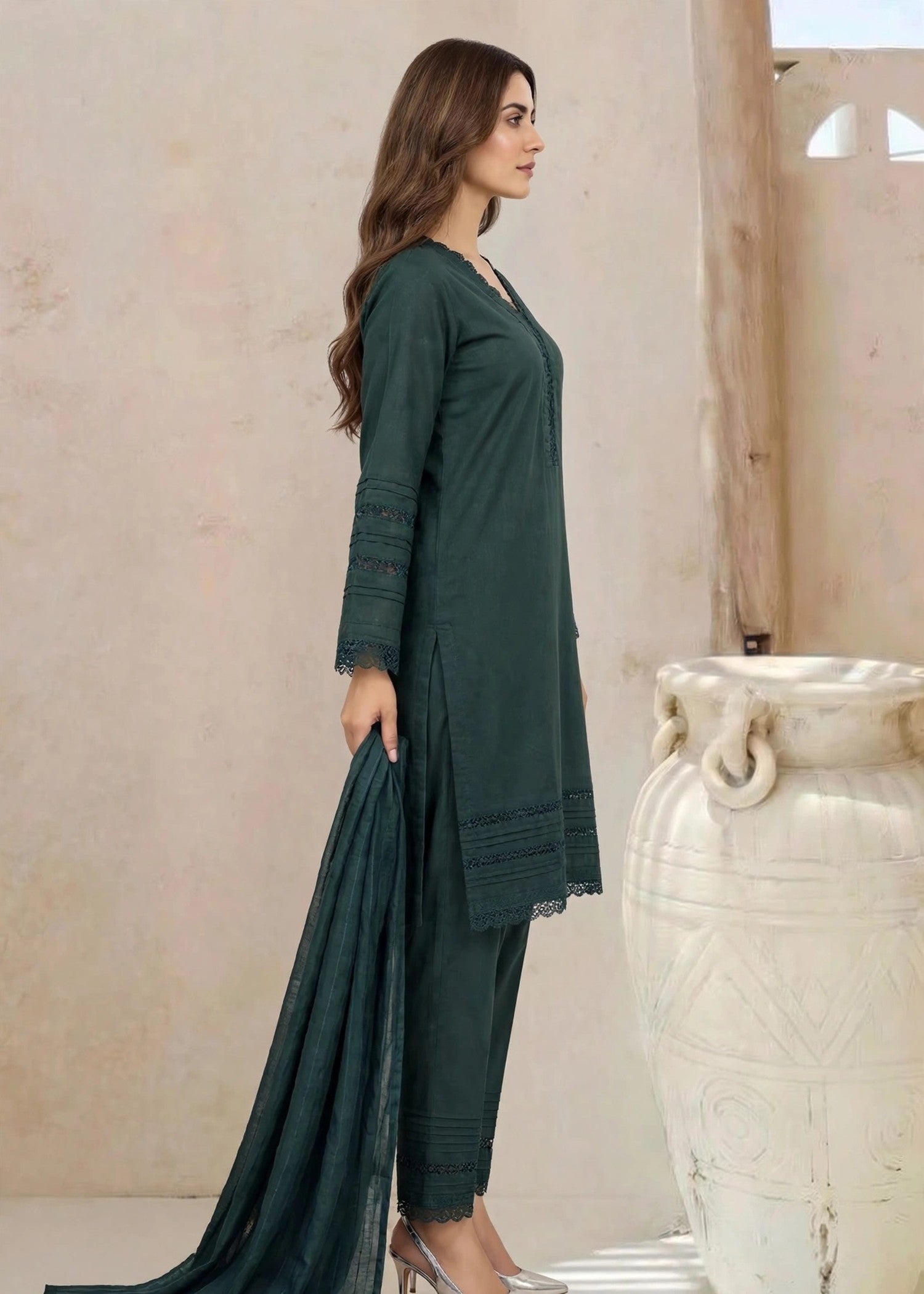 linen Kurta Set in Dark green