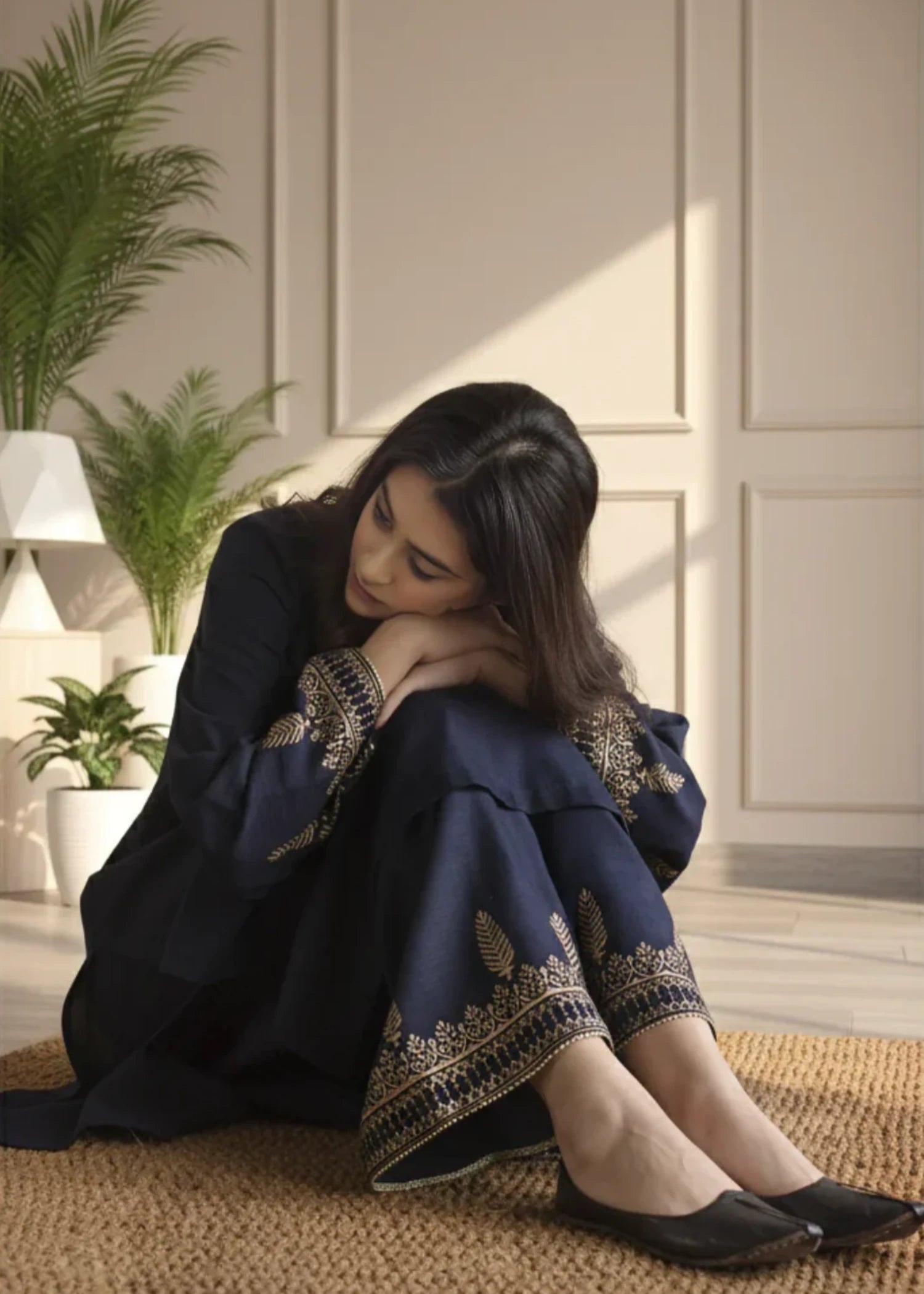 lawn cotton Kurta Set in Navy blue