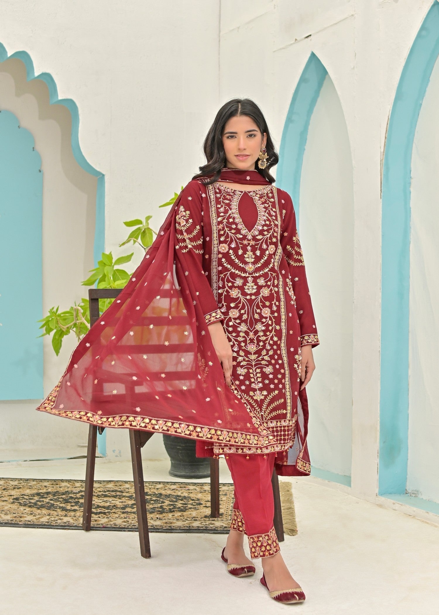 crinkle chiffon Kurta Set in Maroon