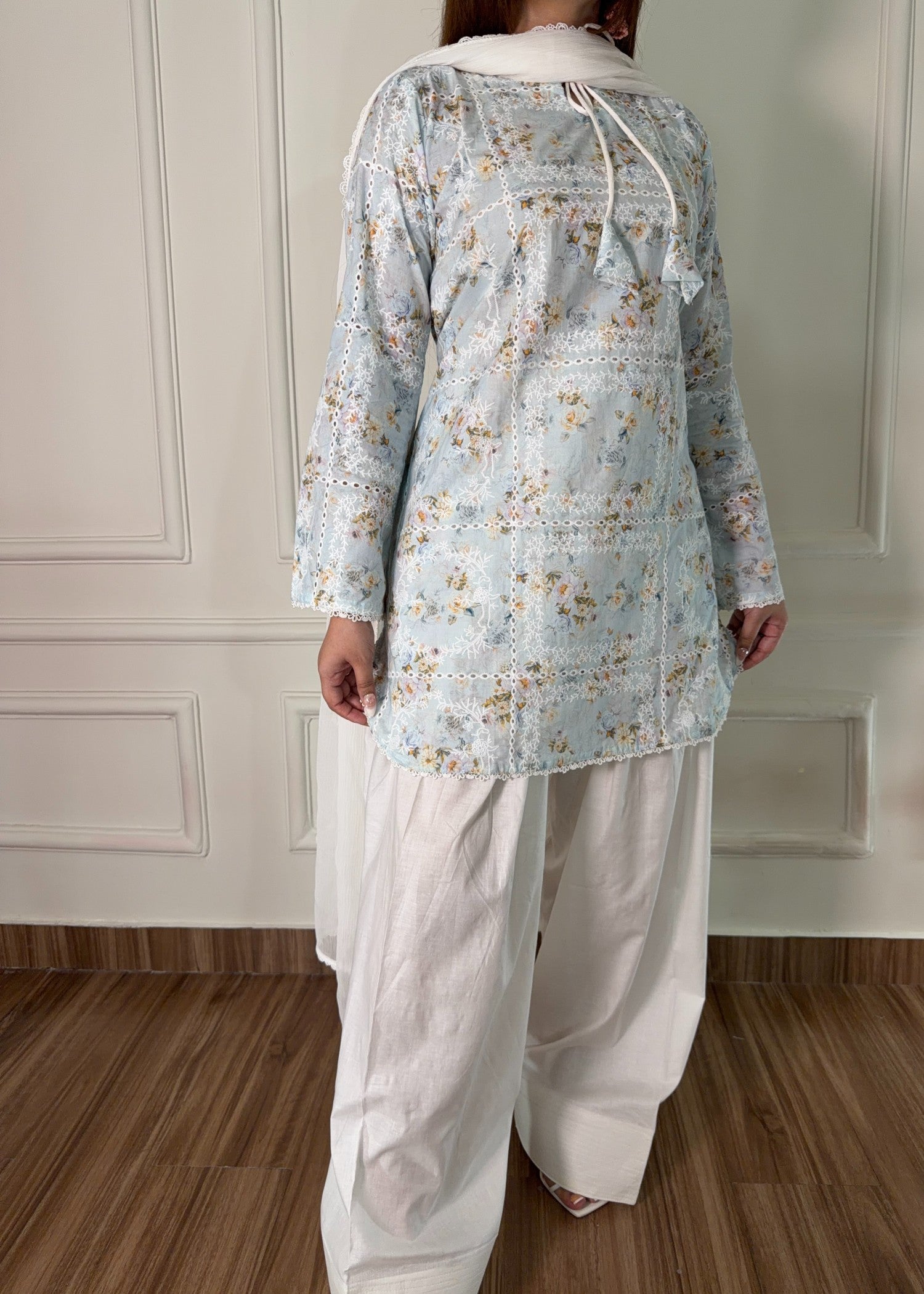 lawn Kurta Set in Off-white, ice blue