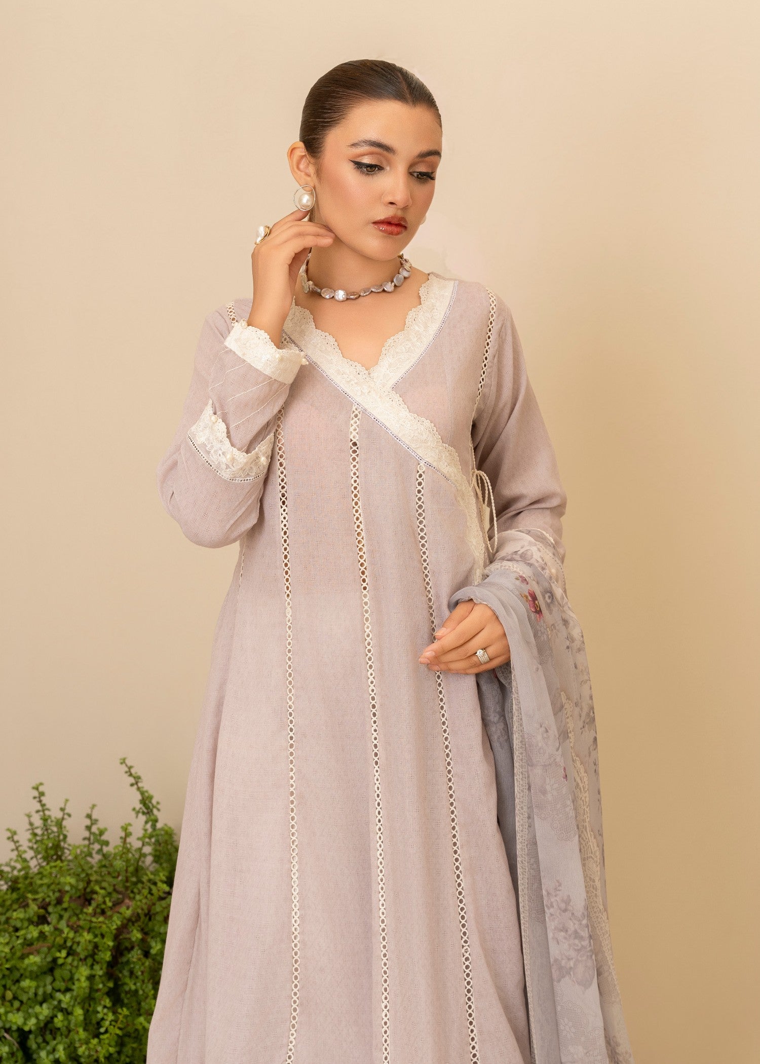 cotton karandi Angrakha in Pastel grey