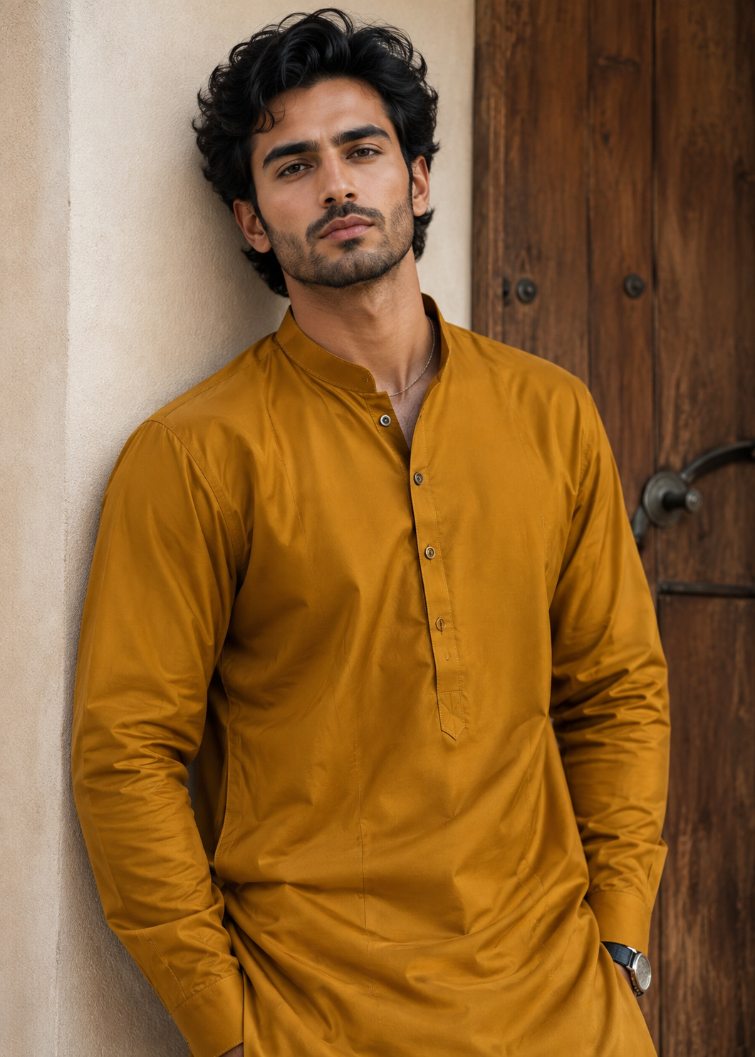 wash & wear Kurta Set in Brown, mustard