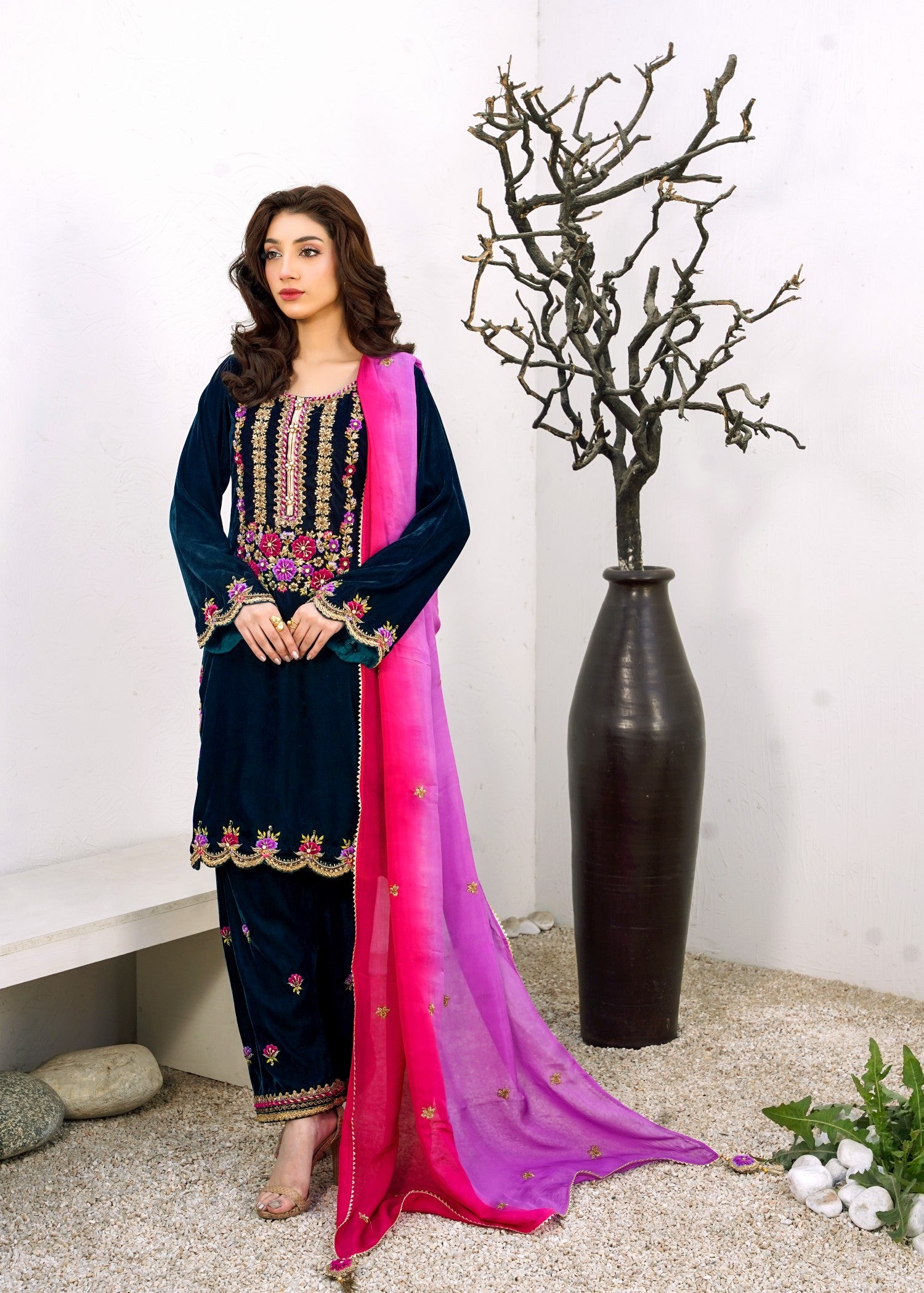 velvet Kurta Set in Twilight blue