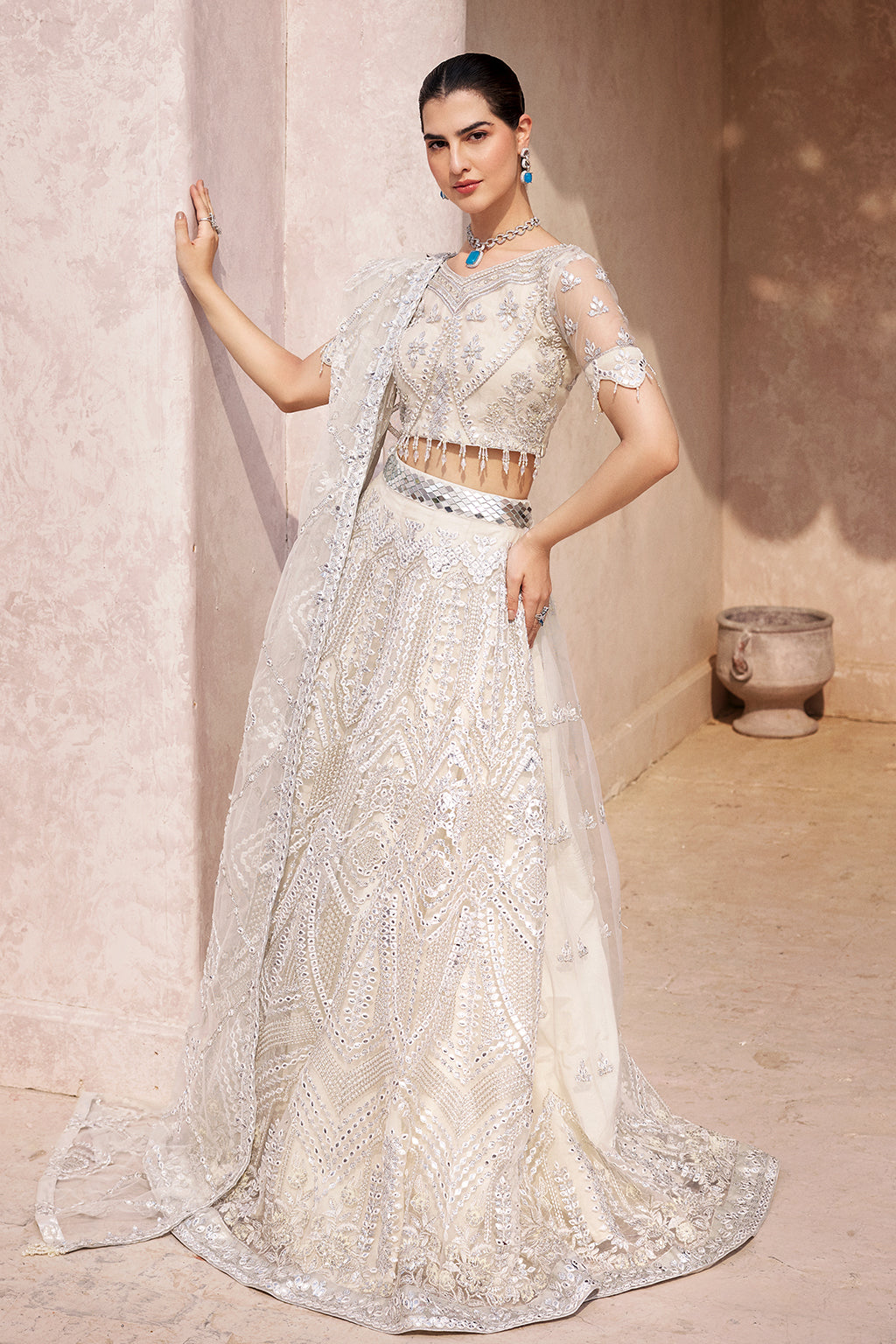 net Lehenga in Ivory