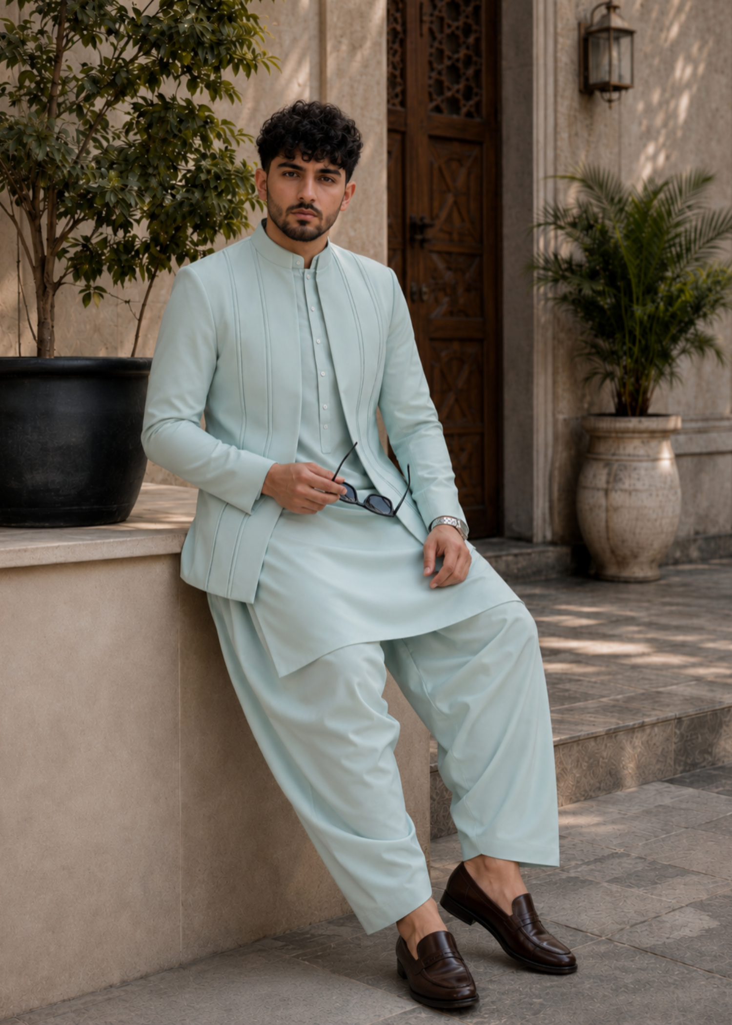wash & wear Prince Coat in Mint green