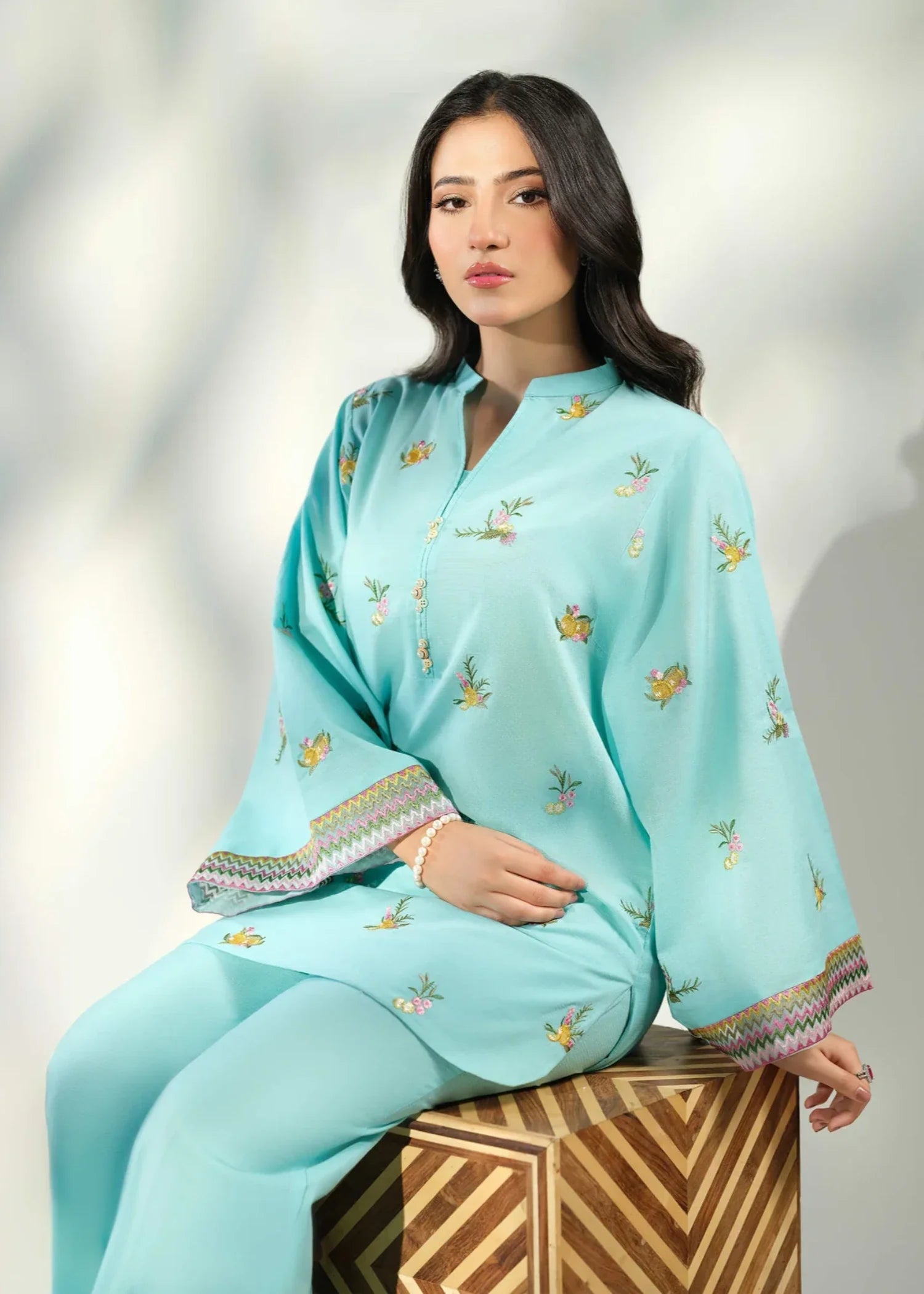 ribbed lawn Kurta Set in Aquamarine