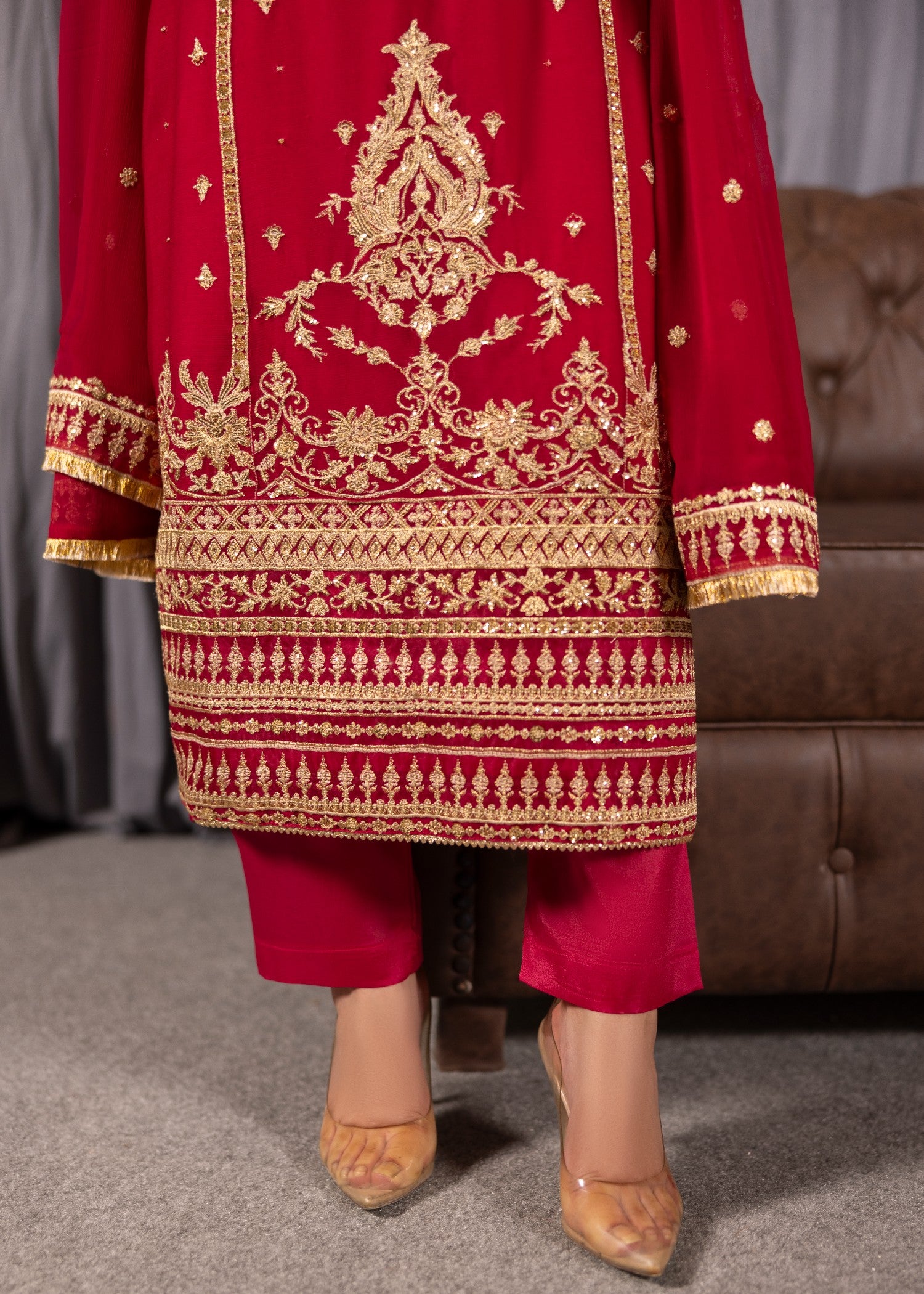 bemberg crinkle chiffon Kurta Set in Hot pink red