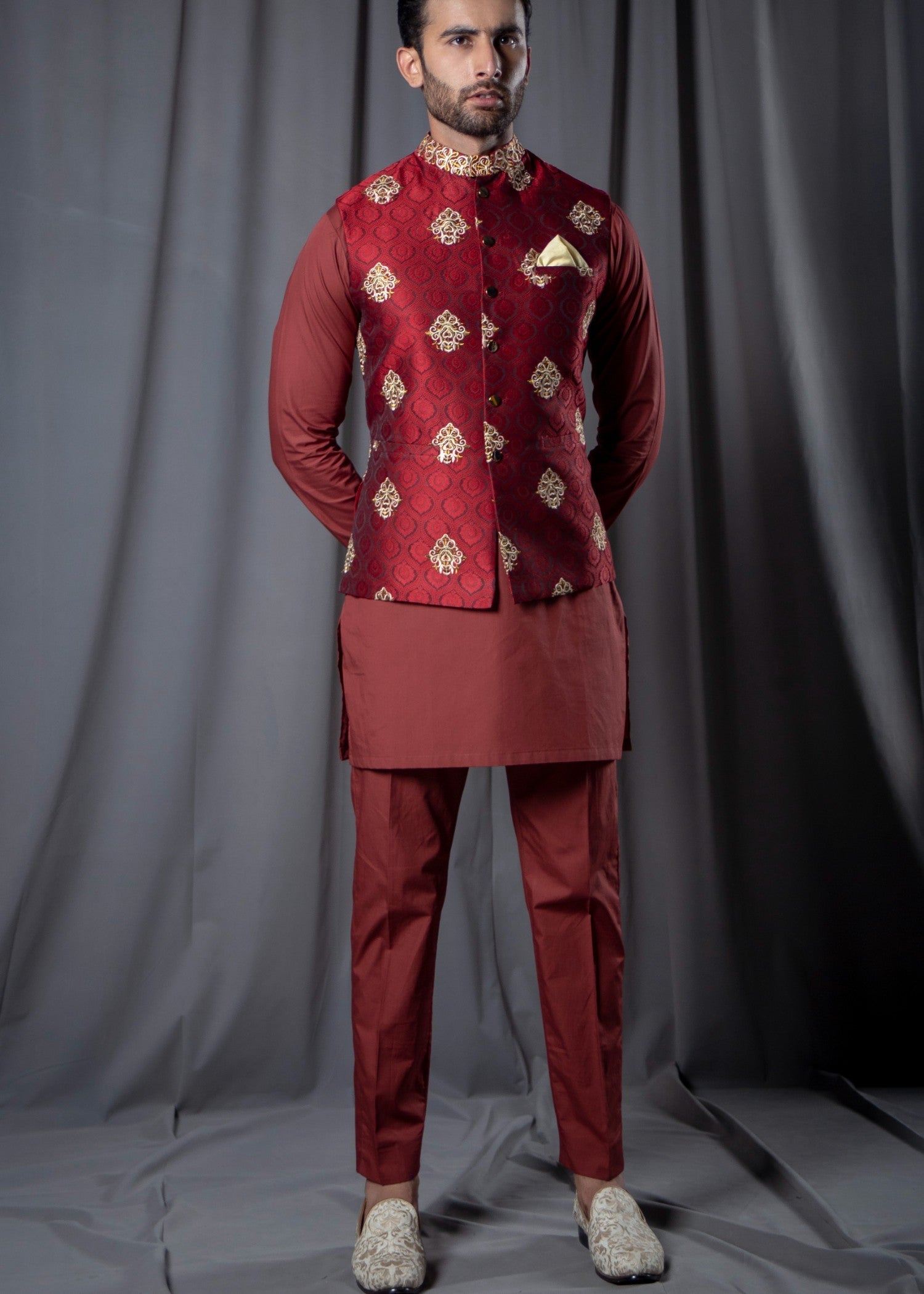 jamawar Waistcoat in Red