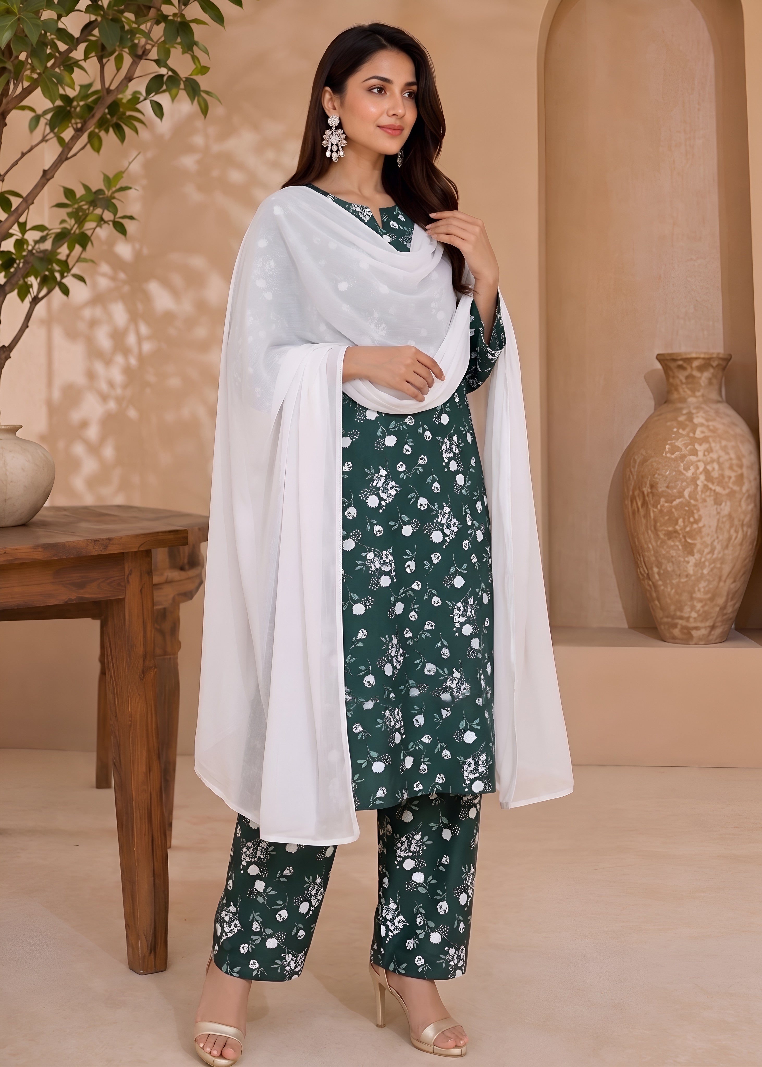 linen Kurta Set in Pine green