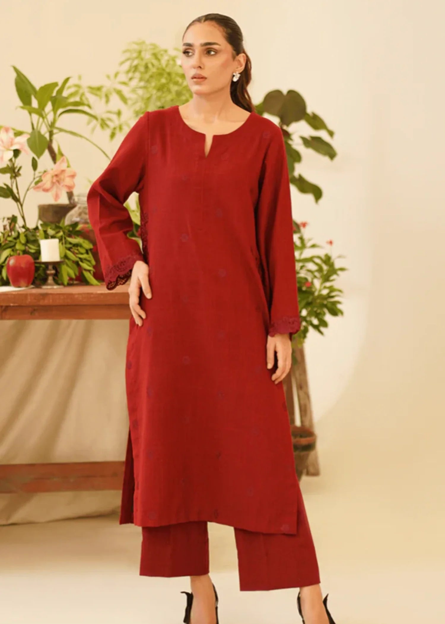 khaddar Kurta Set in Blood red