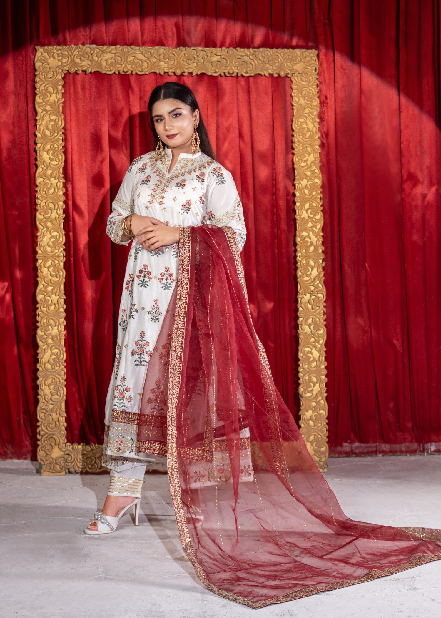 lawn cotton Anarkali in White