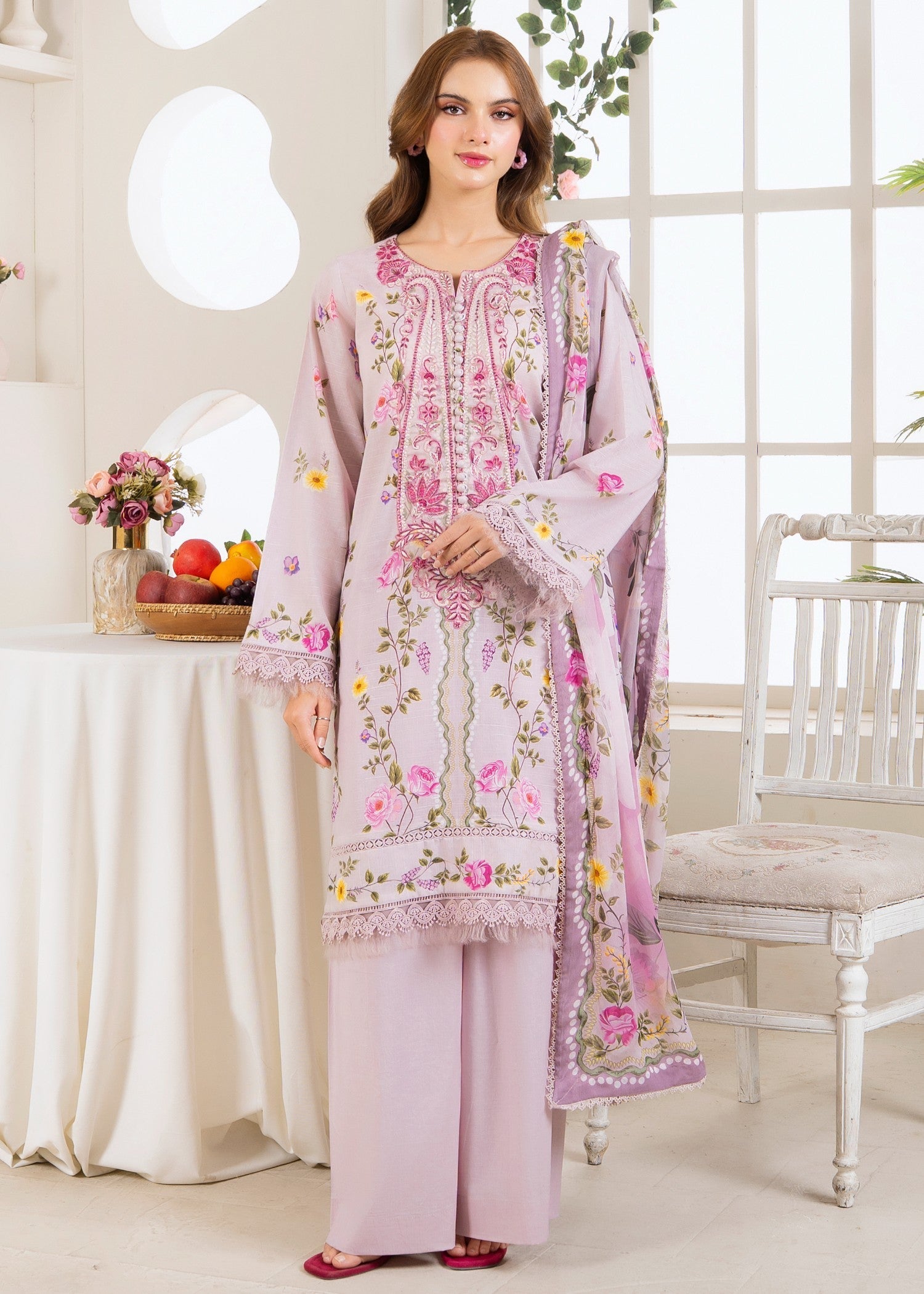 slub lawn Kurta Set in Lavender blush