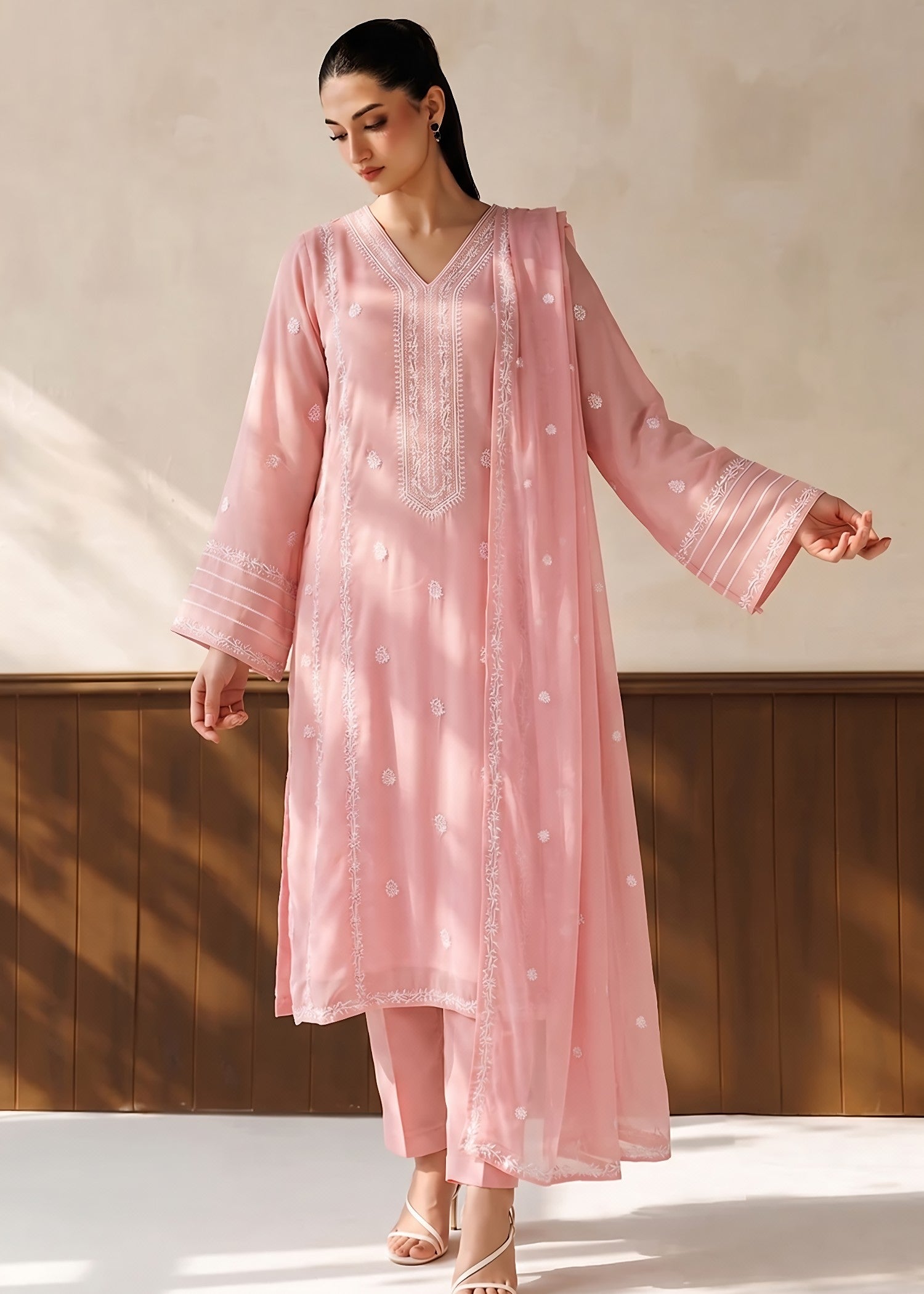 bemberg crinkle chiffon Kurta Set in Light pink