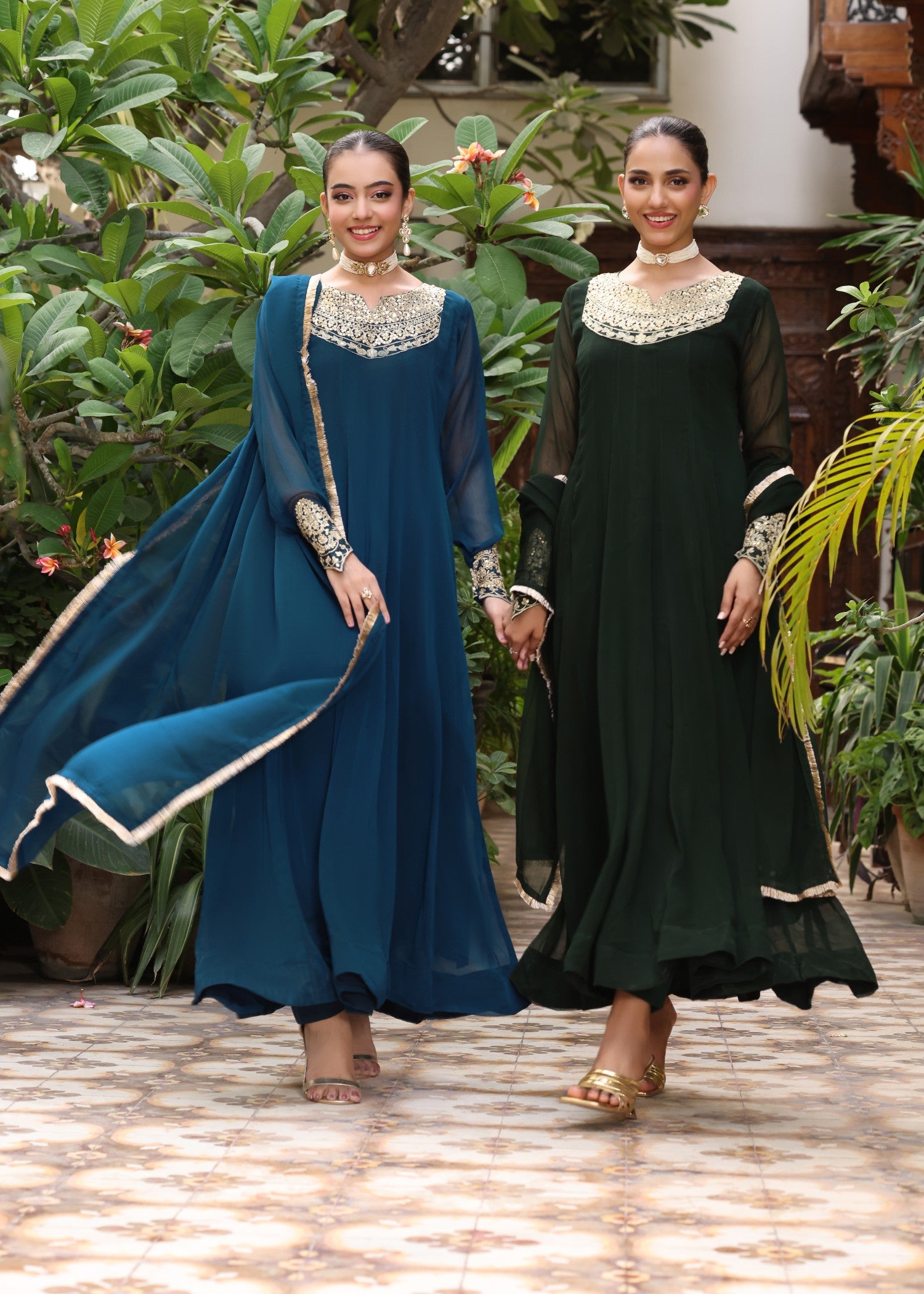 chiffon Pishwas in Dark green
