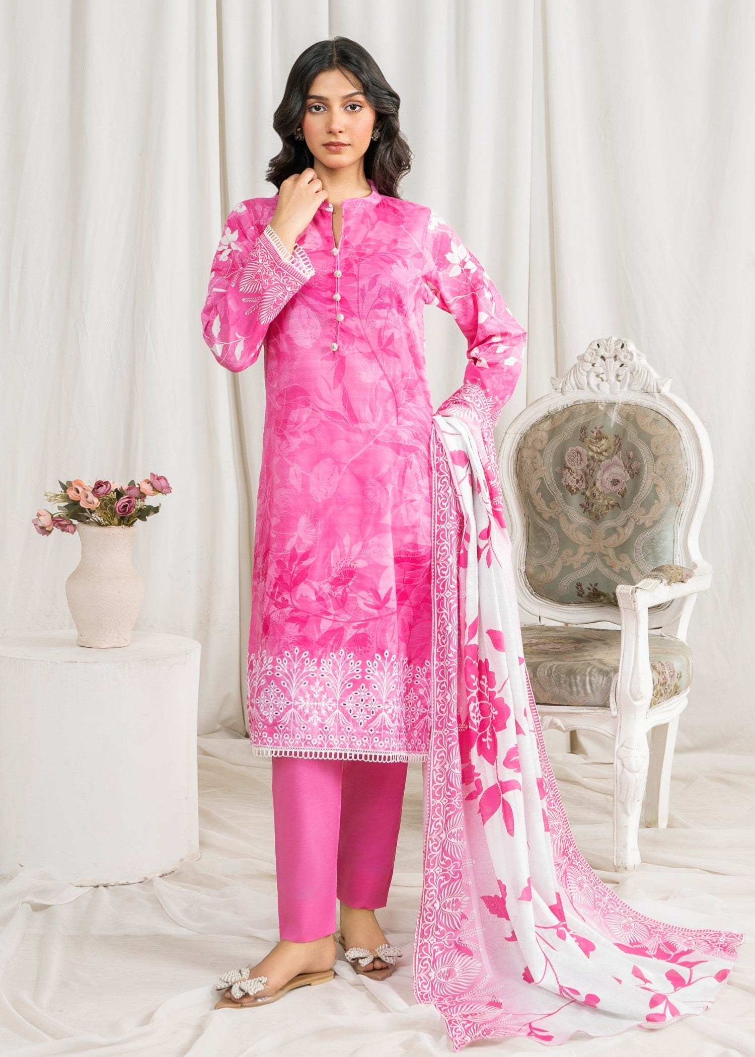 lawn Kurta Set in Hot pink red