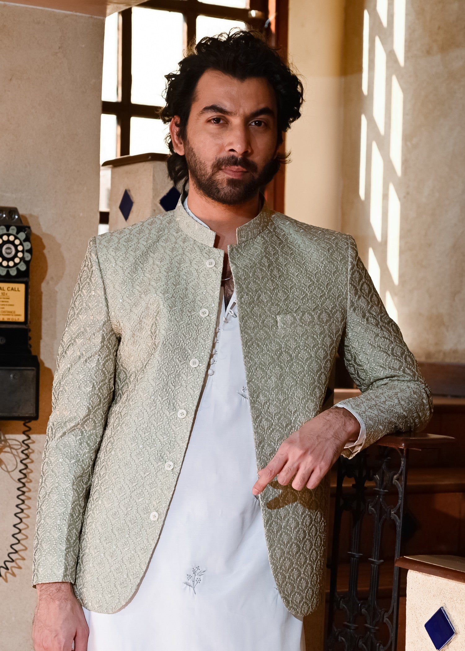 raw silk Prince Coat in Sage green
