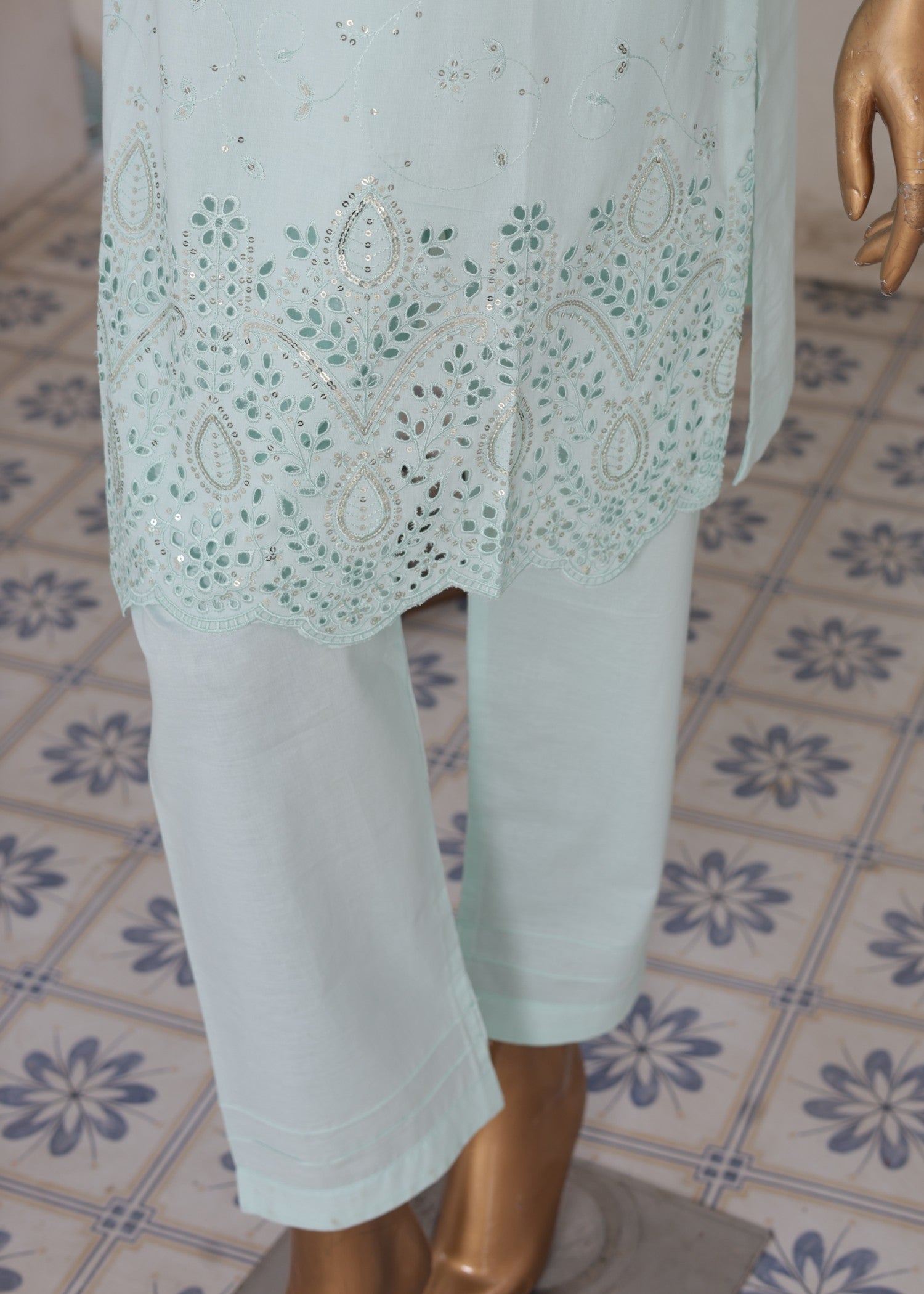 cambric Kurta Set in Light cyan