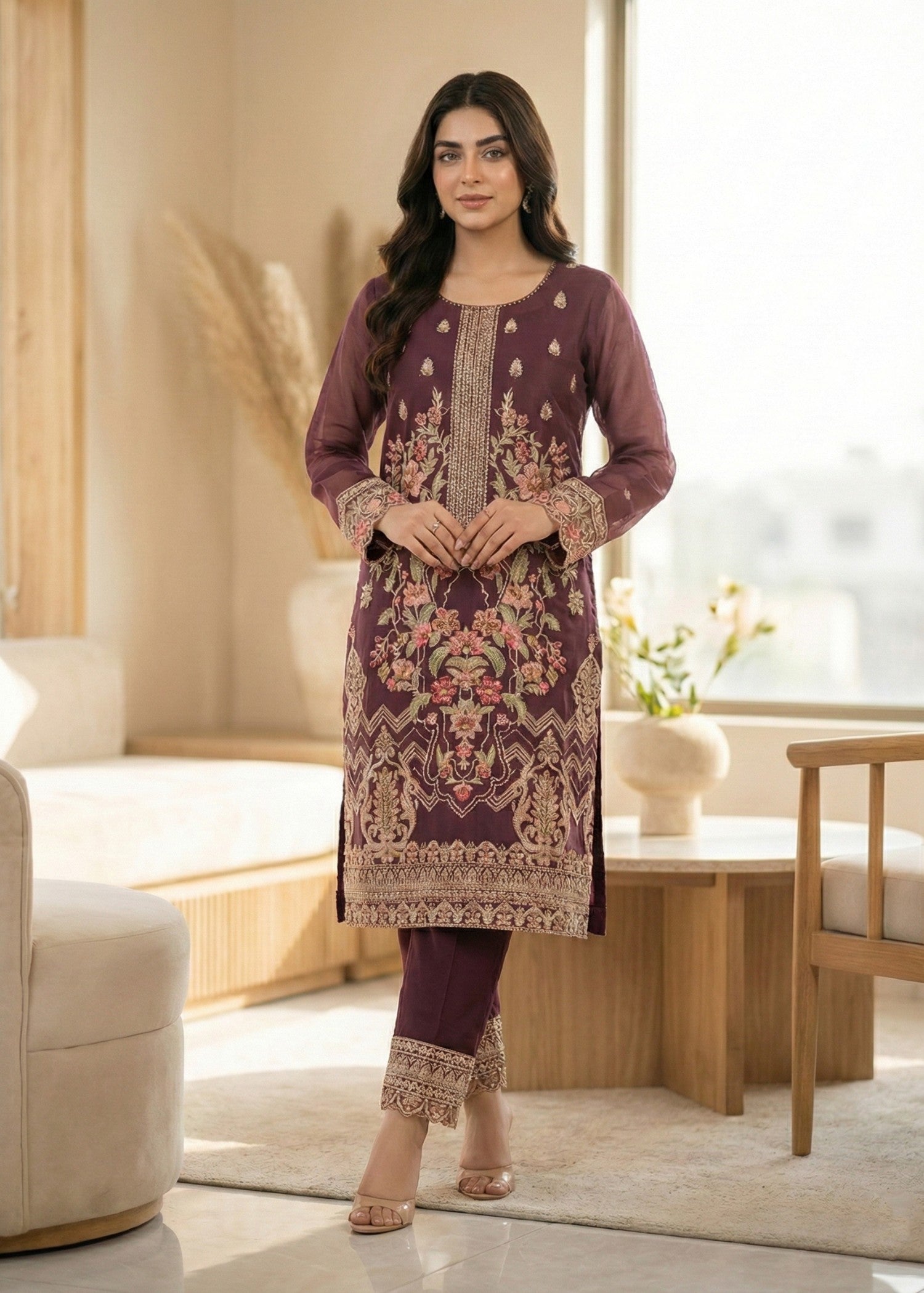 organza Kurta Set in Plum