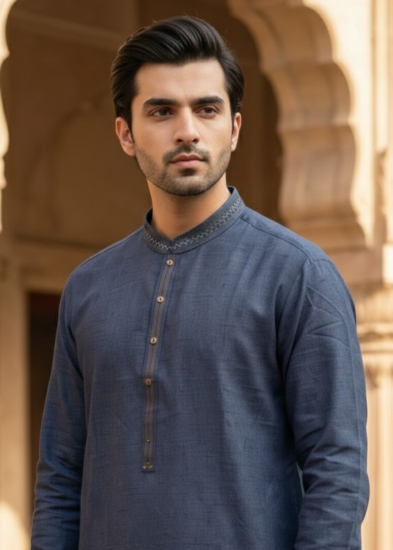 textured wash & wear Kurta Set in Blue