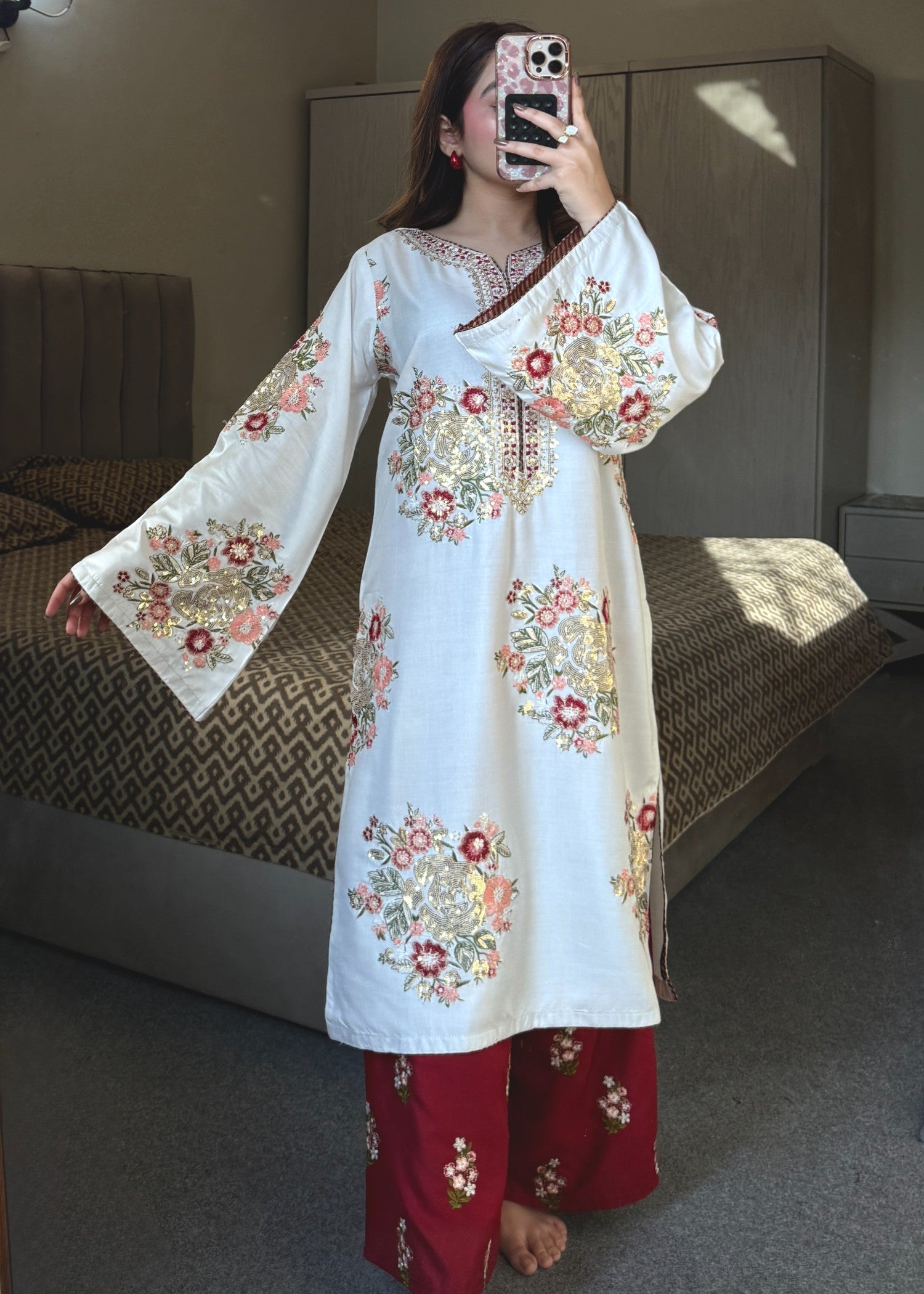 lawn Kurta Set in Maroon, white