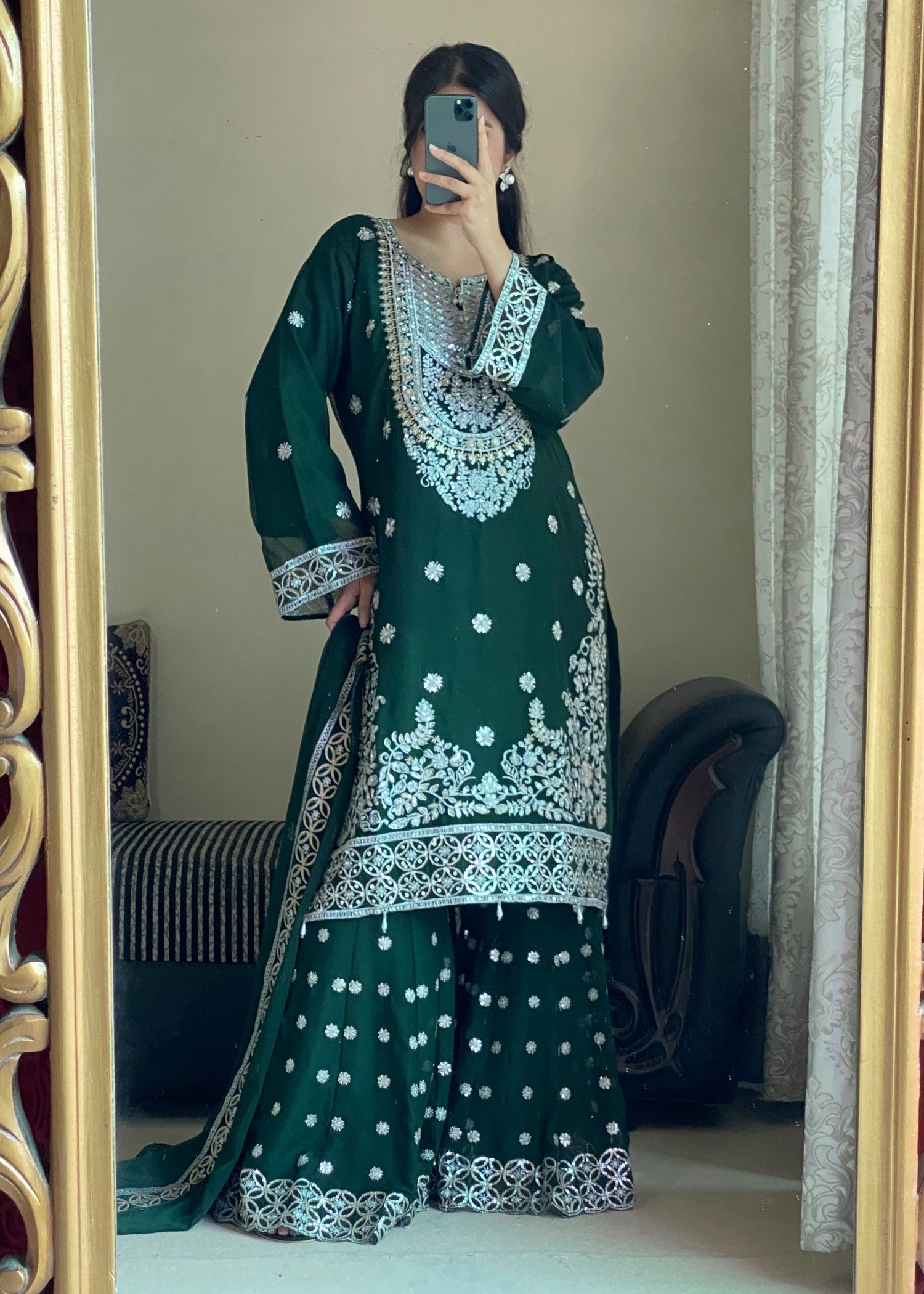 chiffon Gharara in Bottle green
