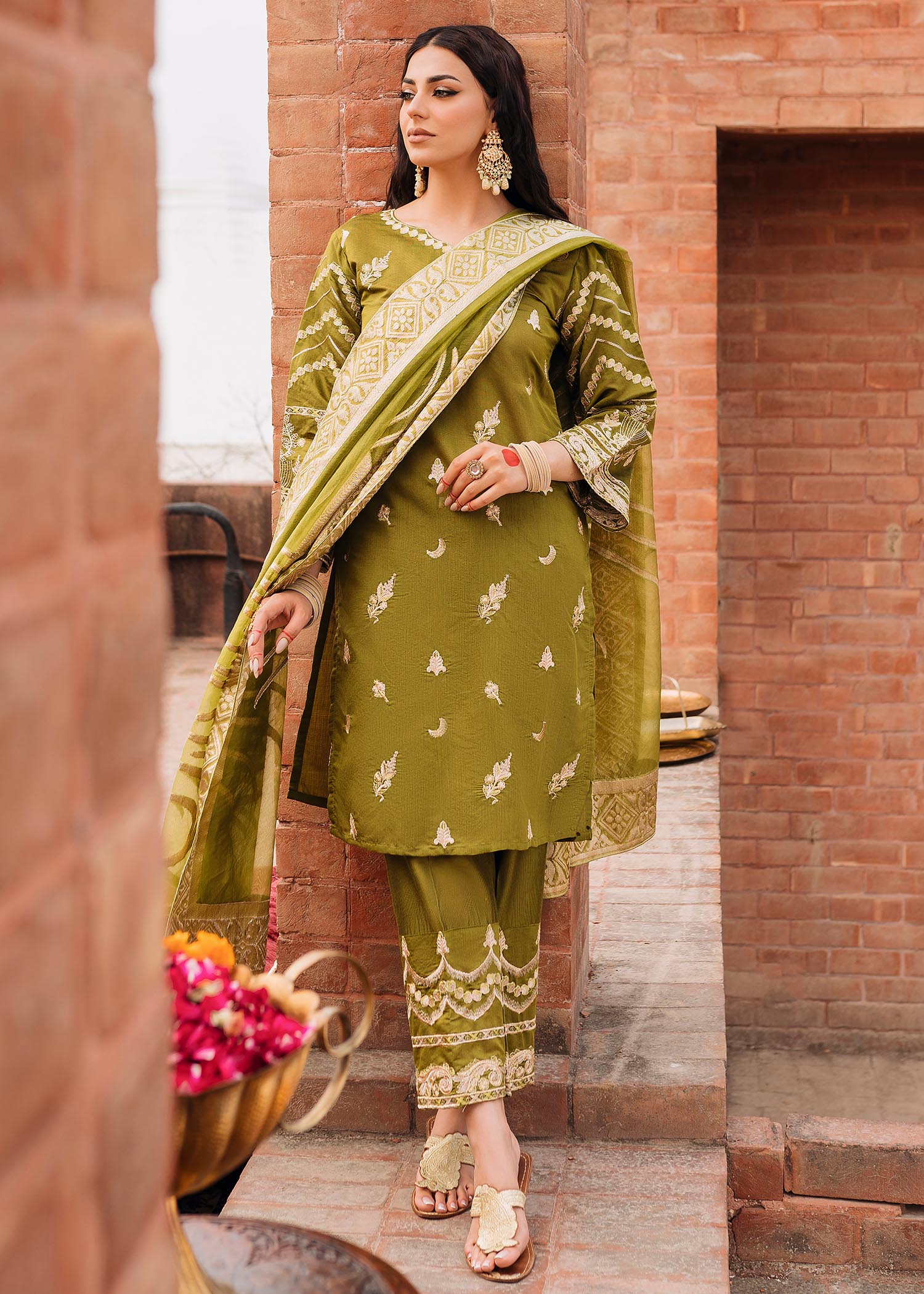 chambray Kurta Set in Olive green