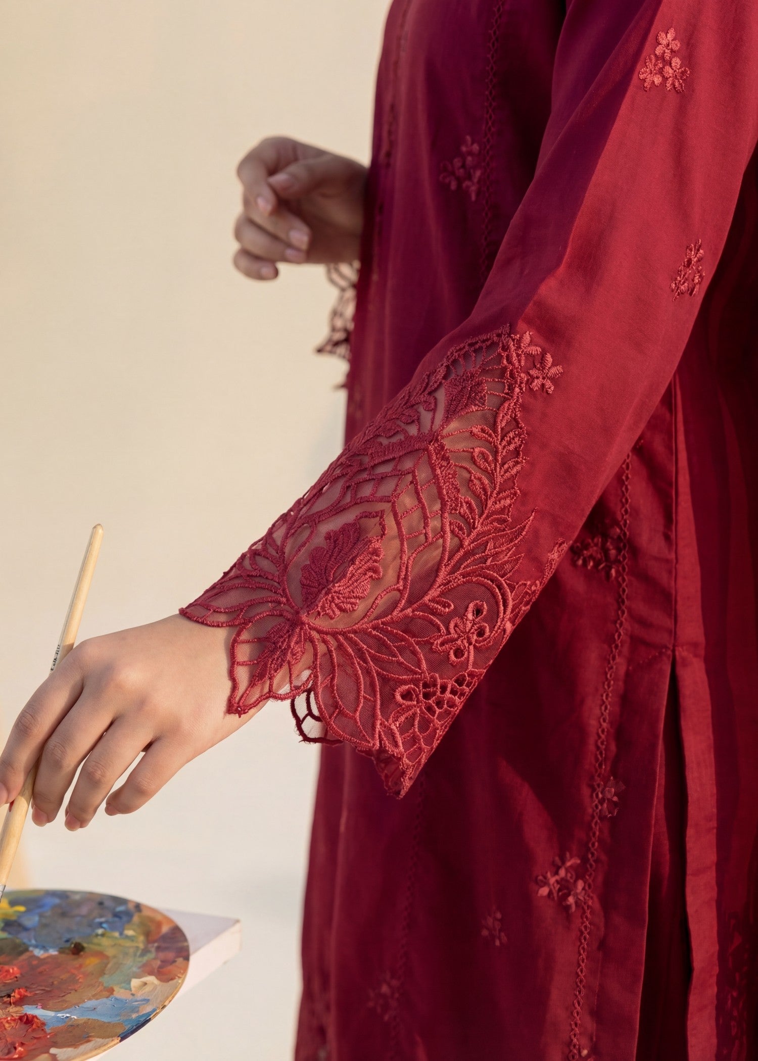 cotton Kurta Set in Maroon, brick red