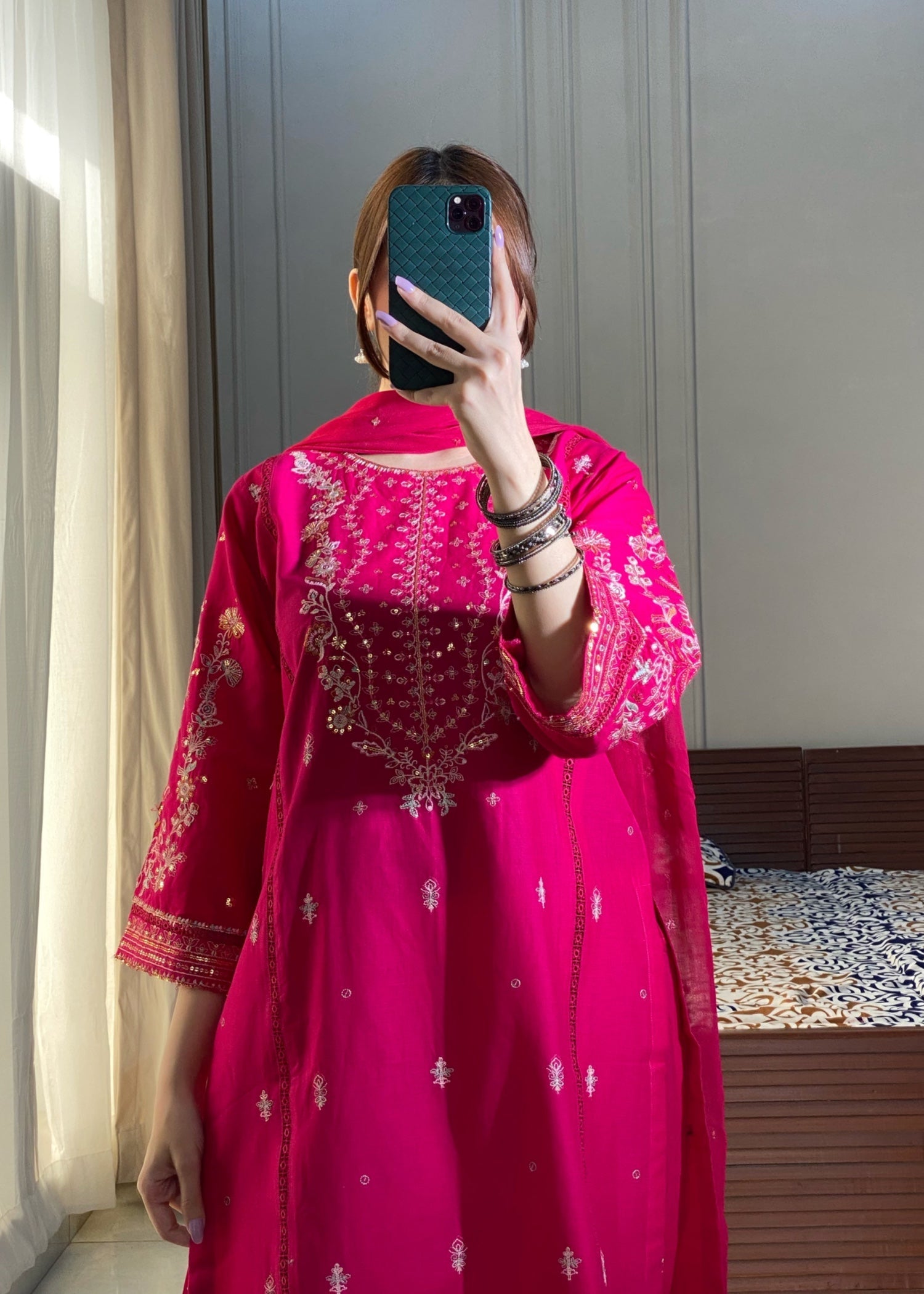 cotton Kurta Set in Hot pink red