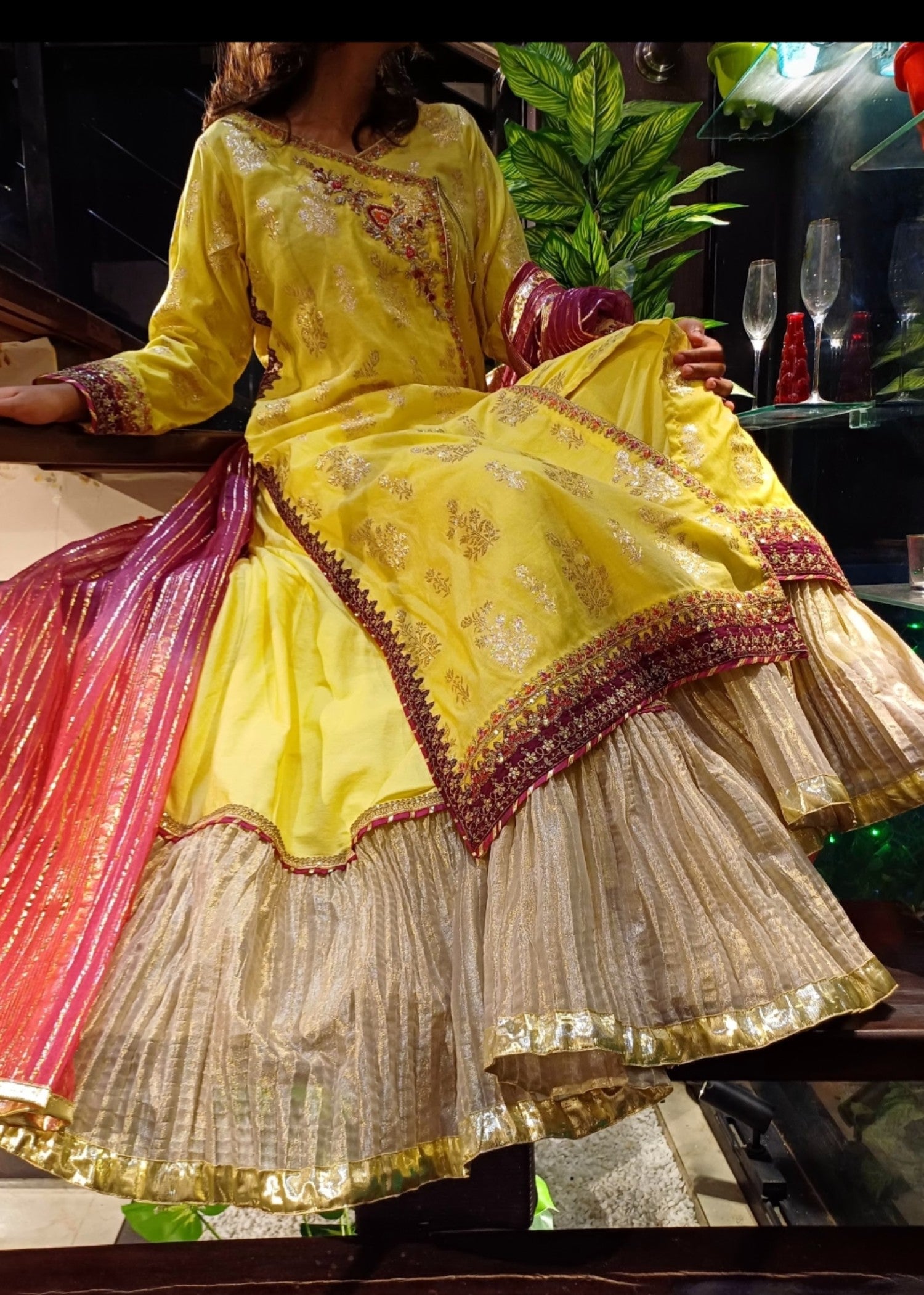 cotton jacquard Angrakha in Yellow