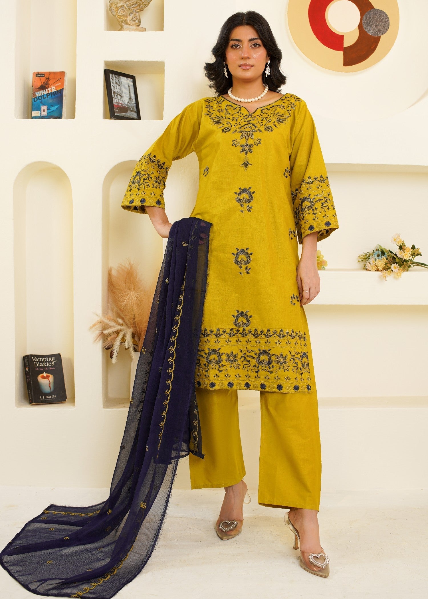 cambric cotton Kurta Set in Lemon