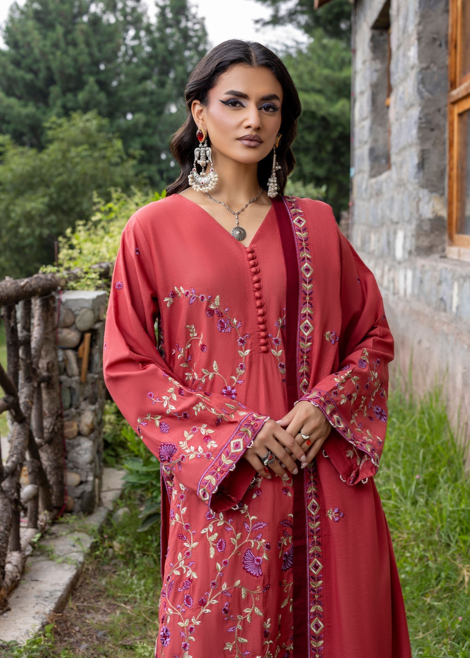 khaddar Kurta Set in Coral red