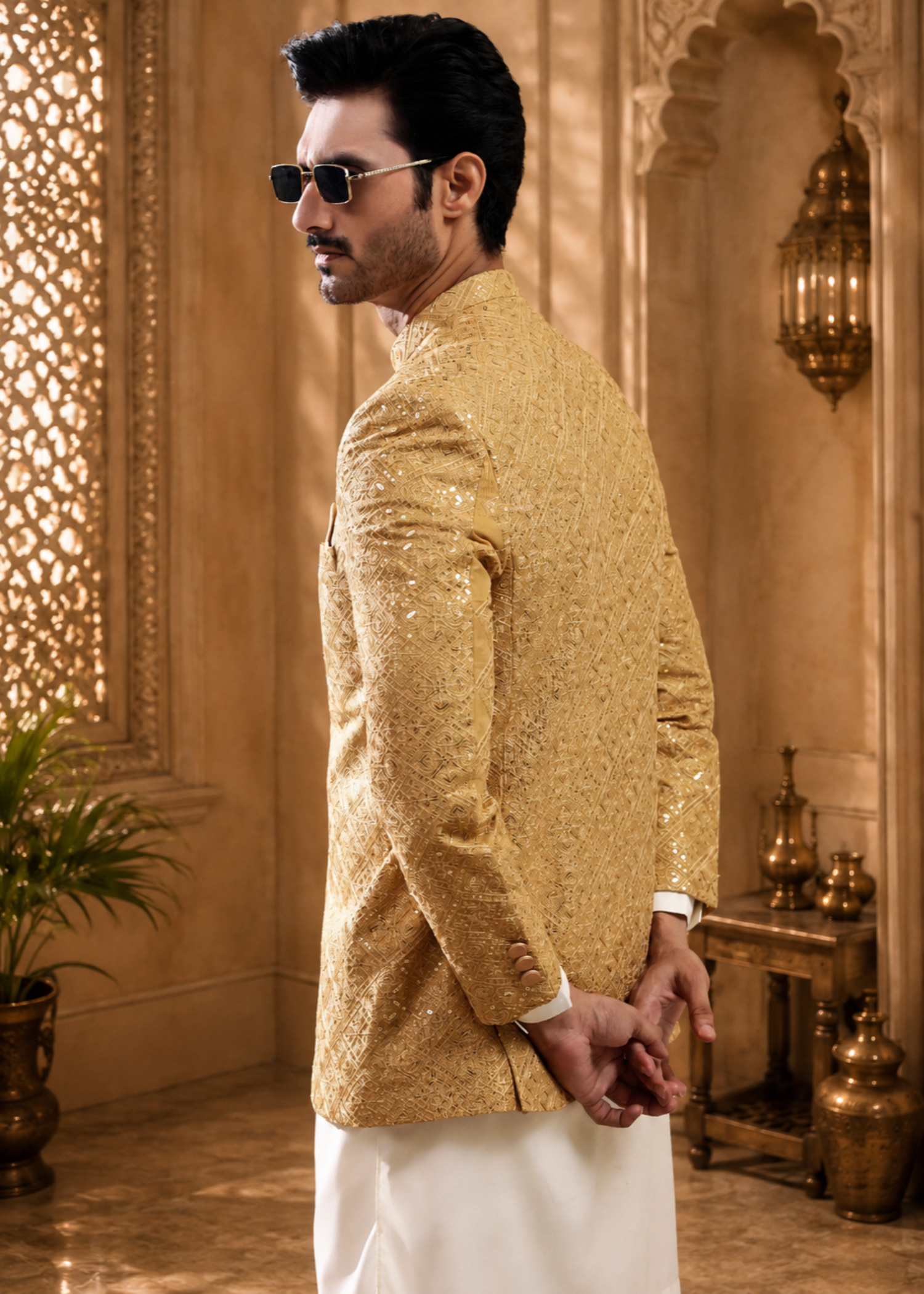 jamawar Prince Coat in Gold