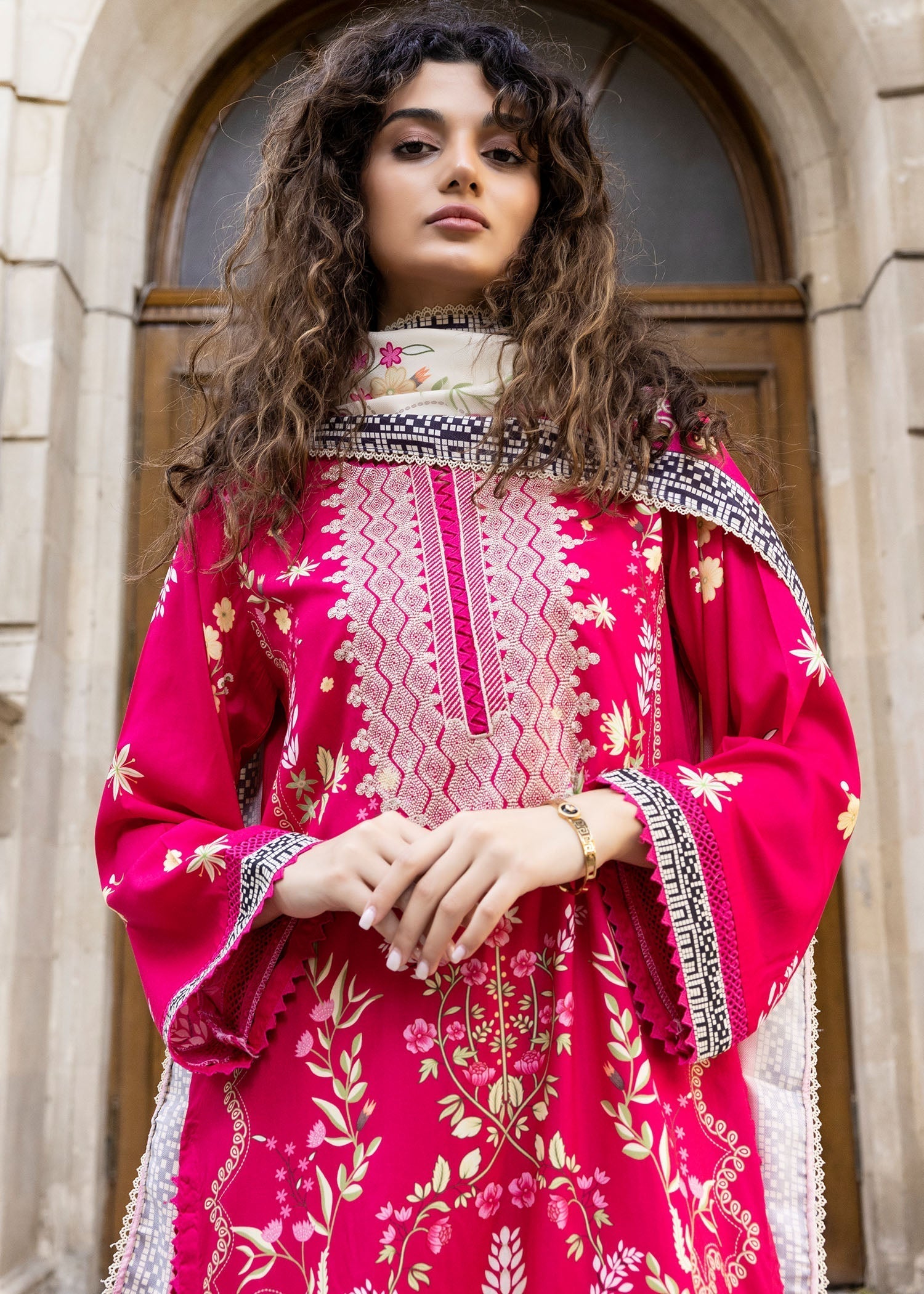 linen Kurta Set in Shocking pink