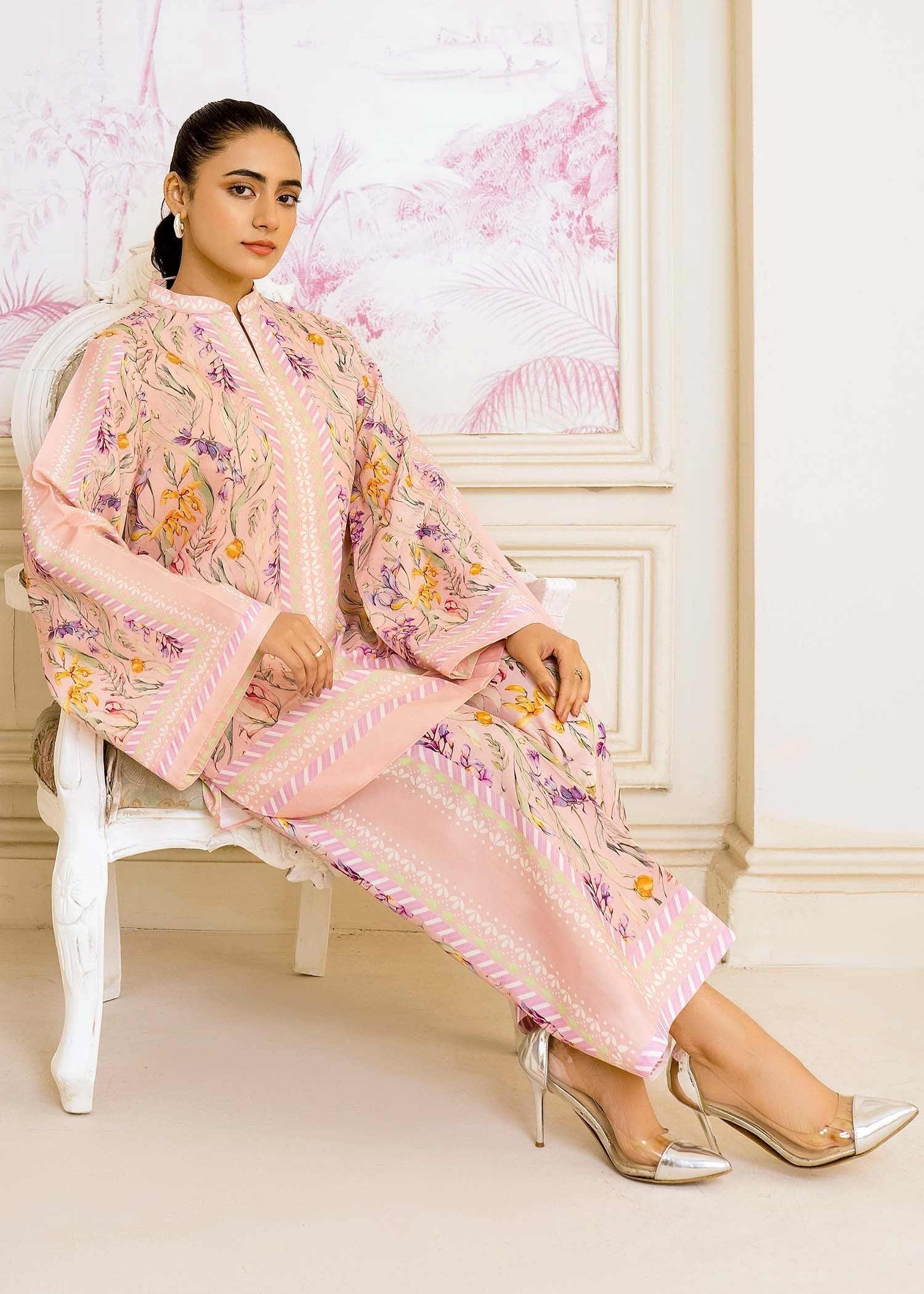 silk finish lawn Co Ord Sets in Pink