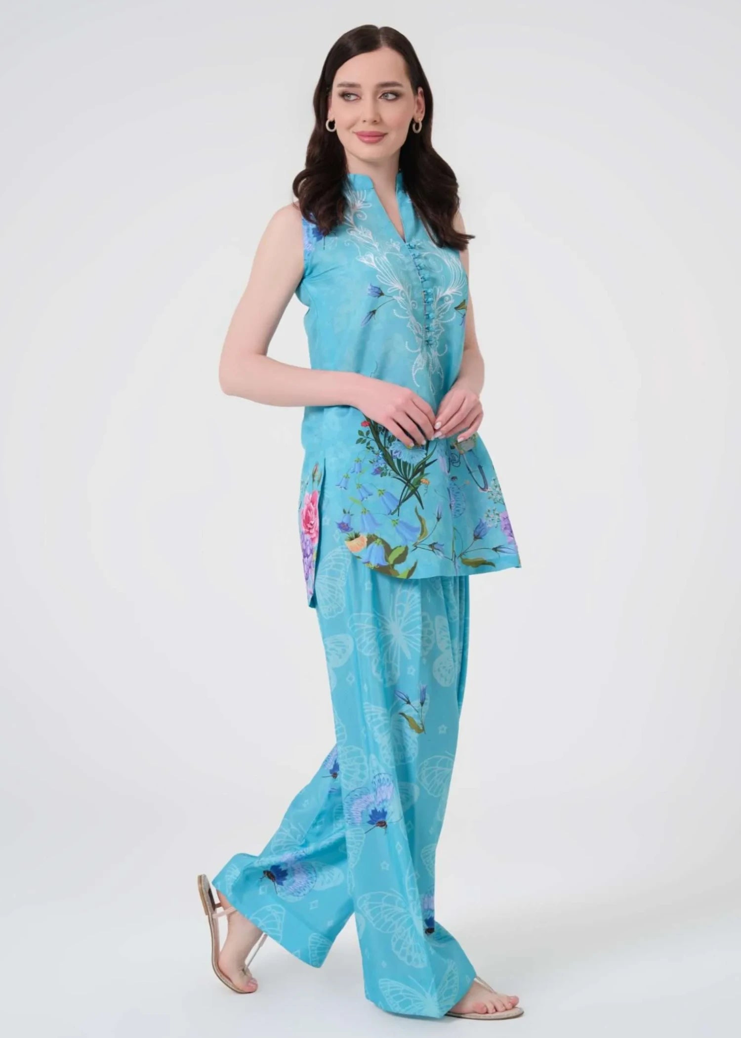 swiss lawn Kurta Set in Pacific blue