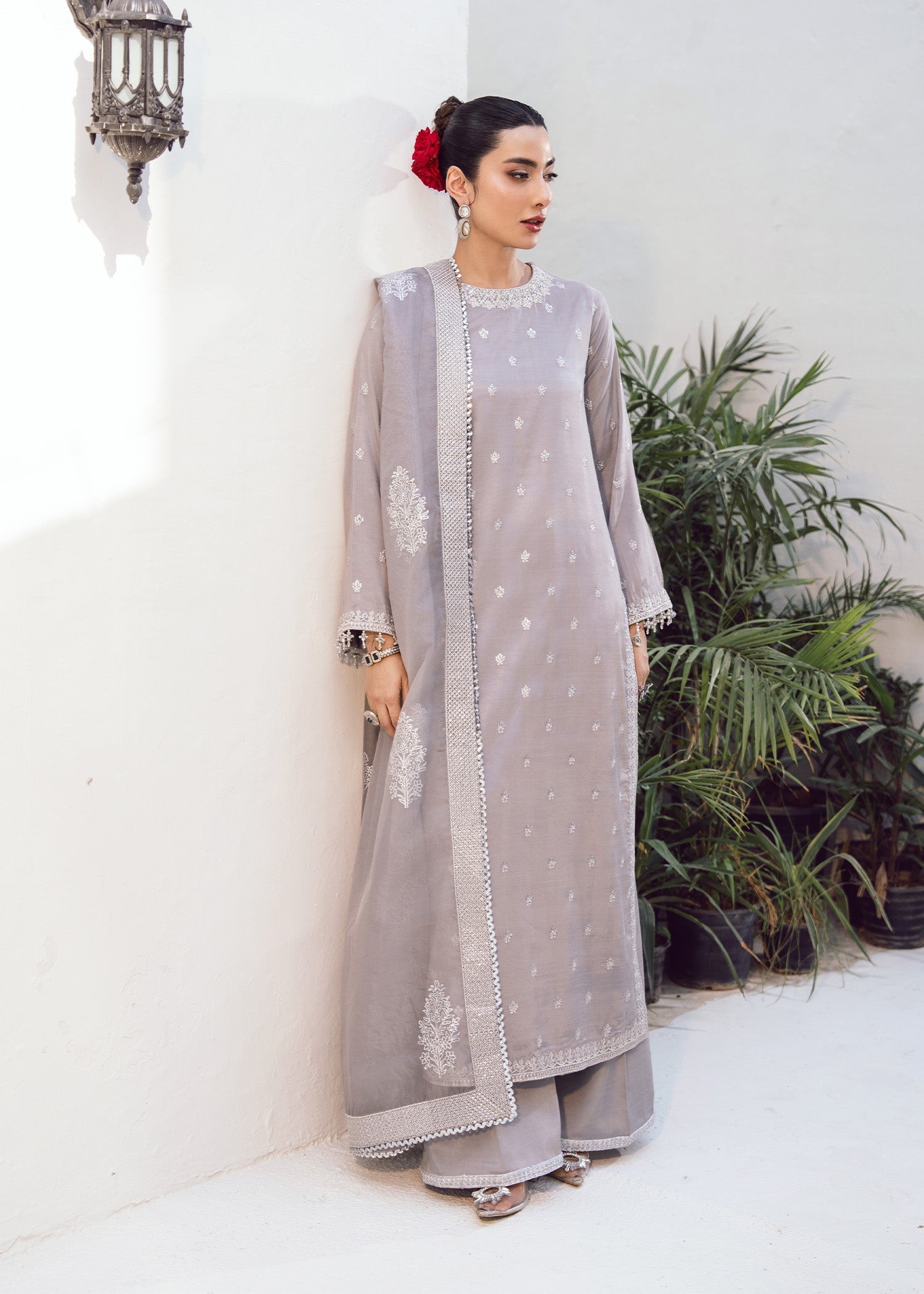 raw silk Kurta Set in Ash grey