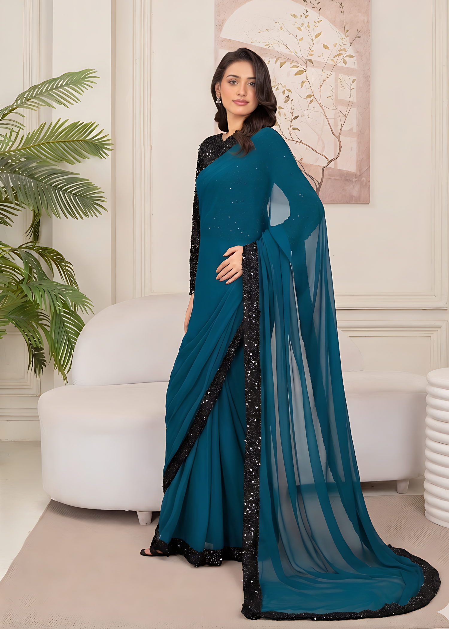 moonlight Saree in Teal, black