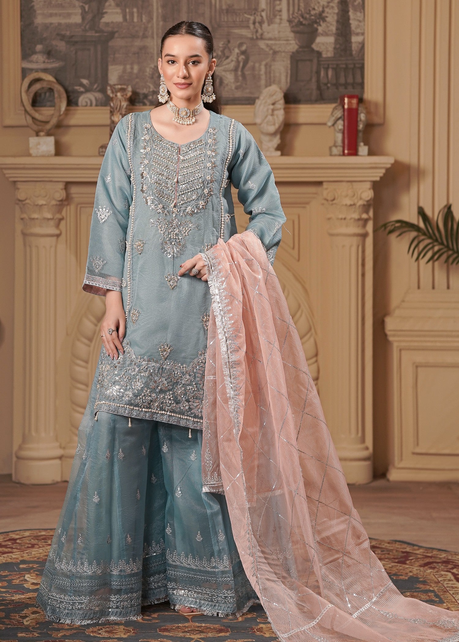 zari embroidered organza Sharara in Pastel green