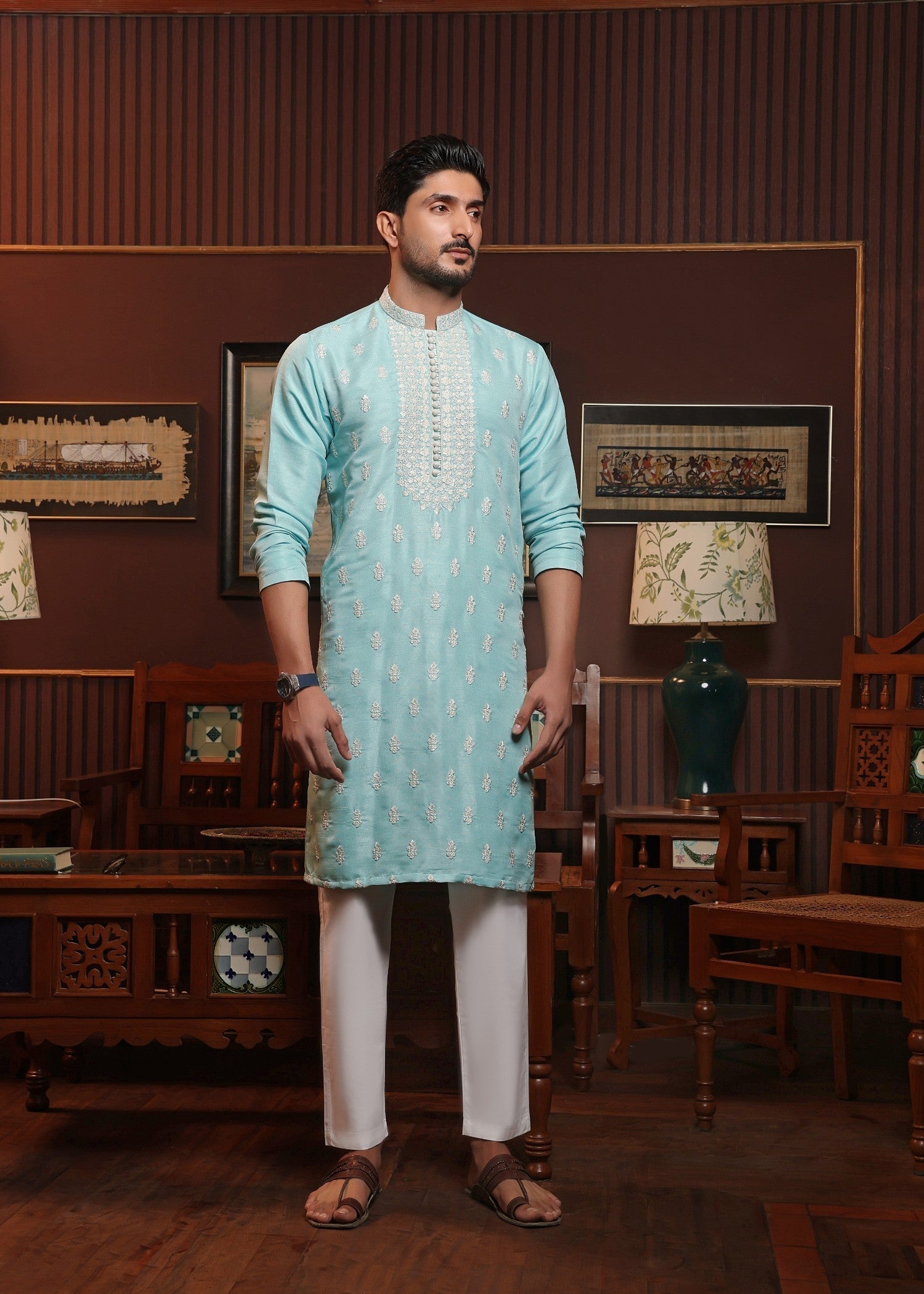 raw silk Kurta Set in Frost blue