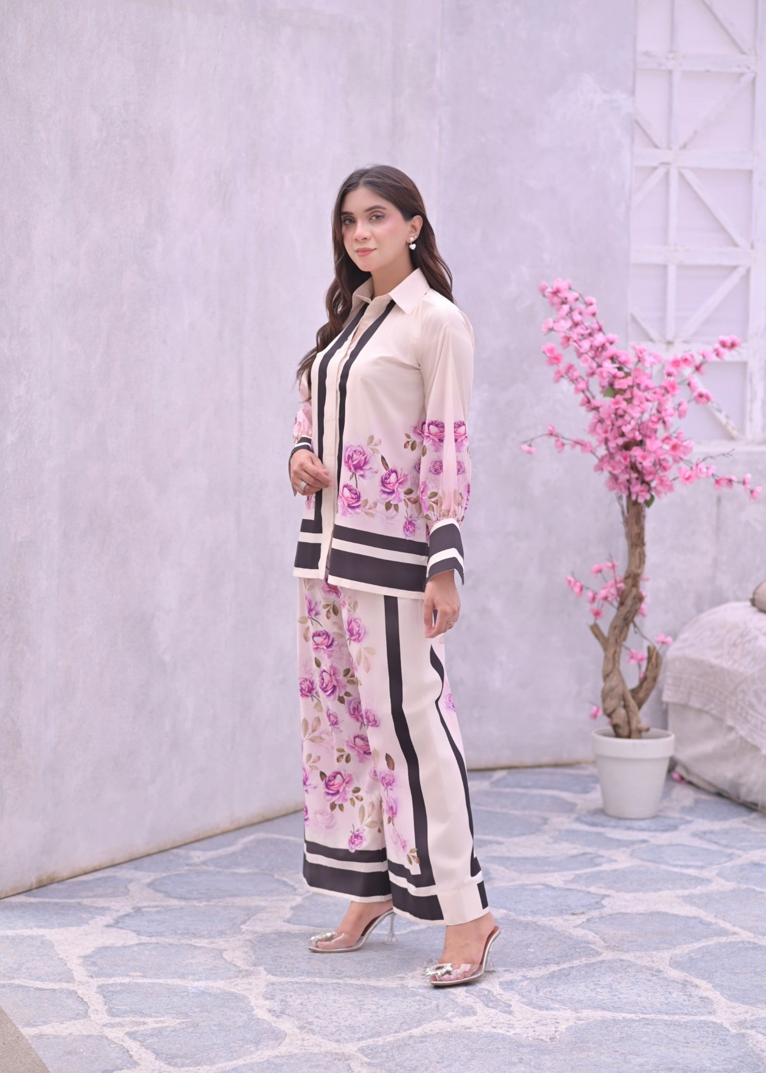 crepe Co ord Sets in Light pink, violet