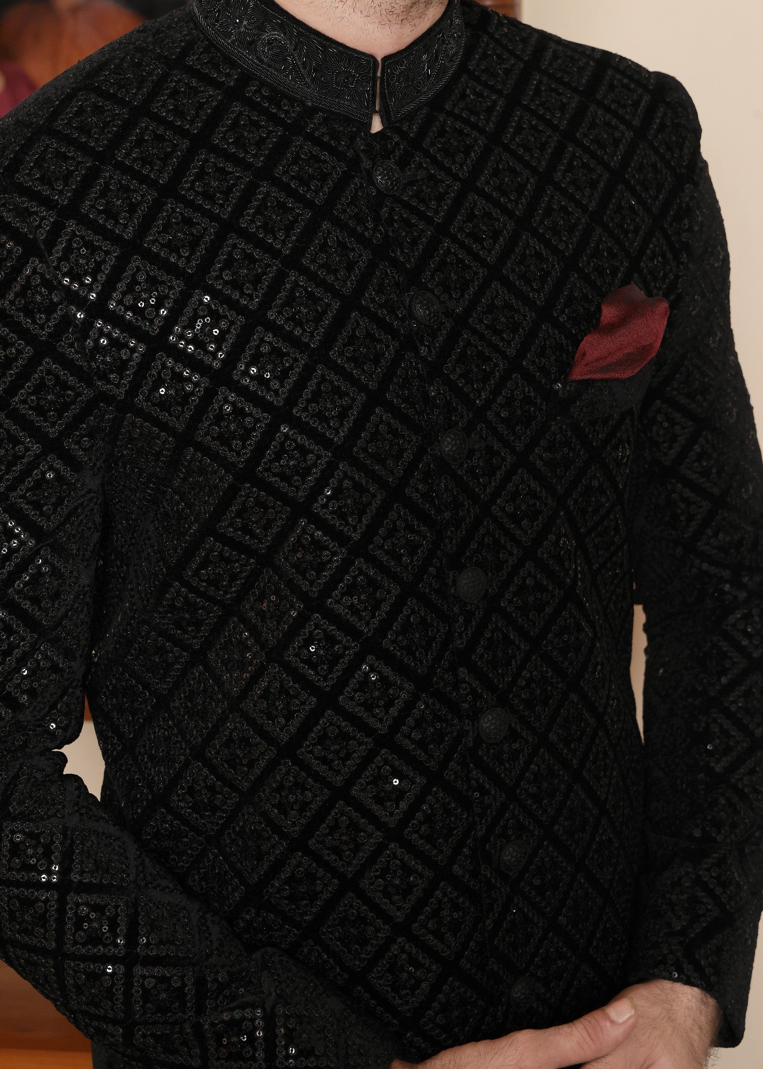 velvet Sherwani in Black